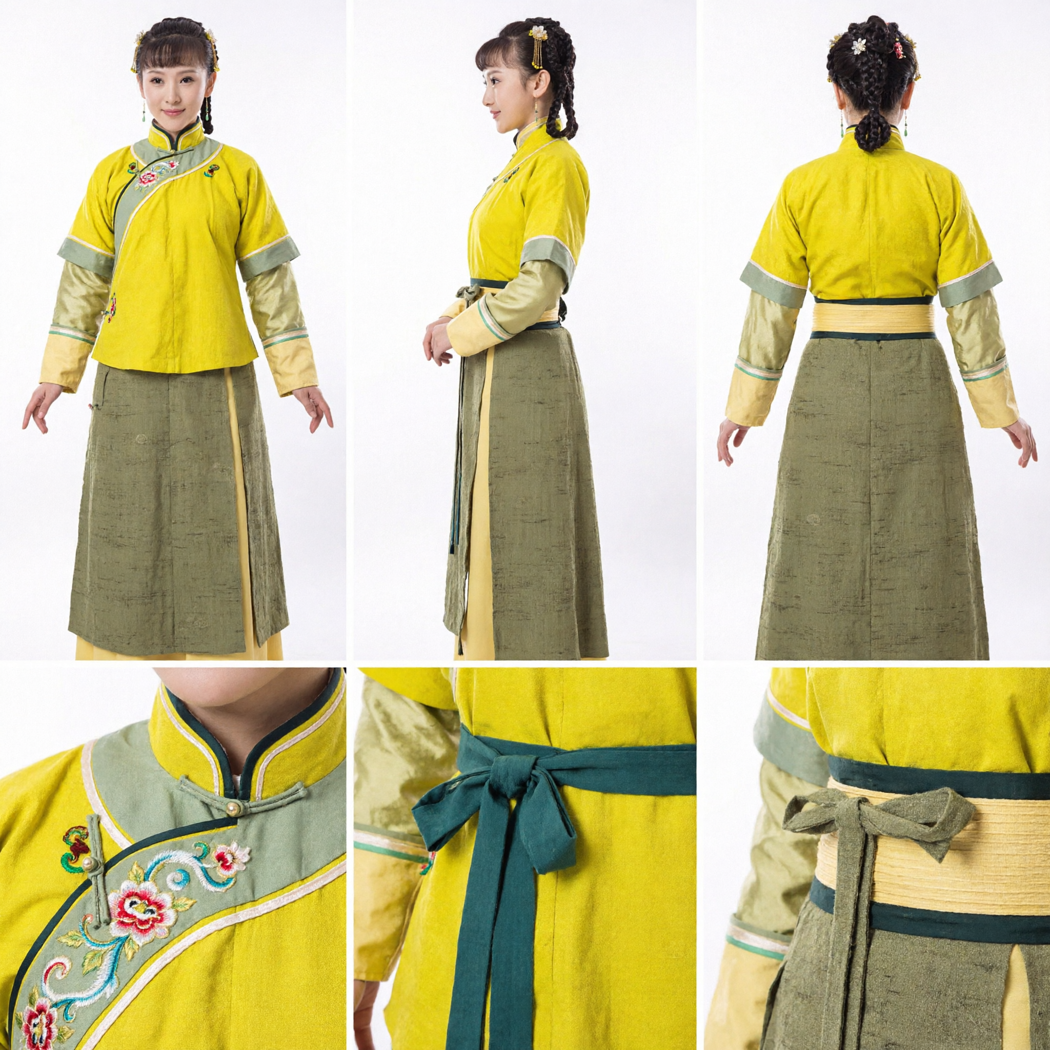 Traditional Chinese Ancient Hanfu Costume Yellow Cross-Collar Top and Olive Green Skirt Set for Women Historical Drama