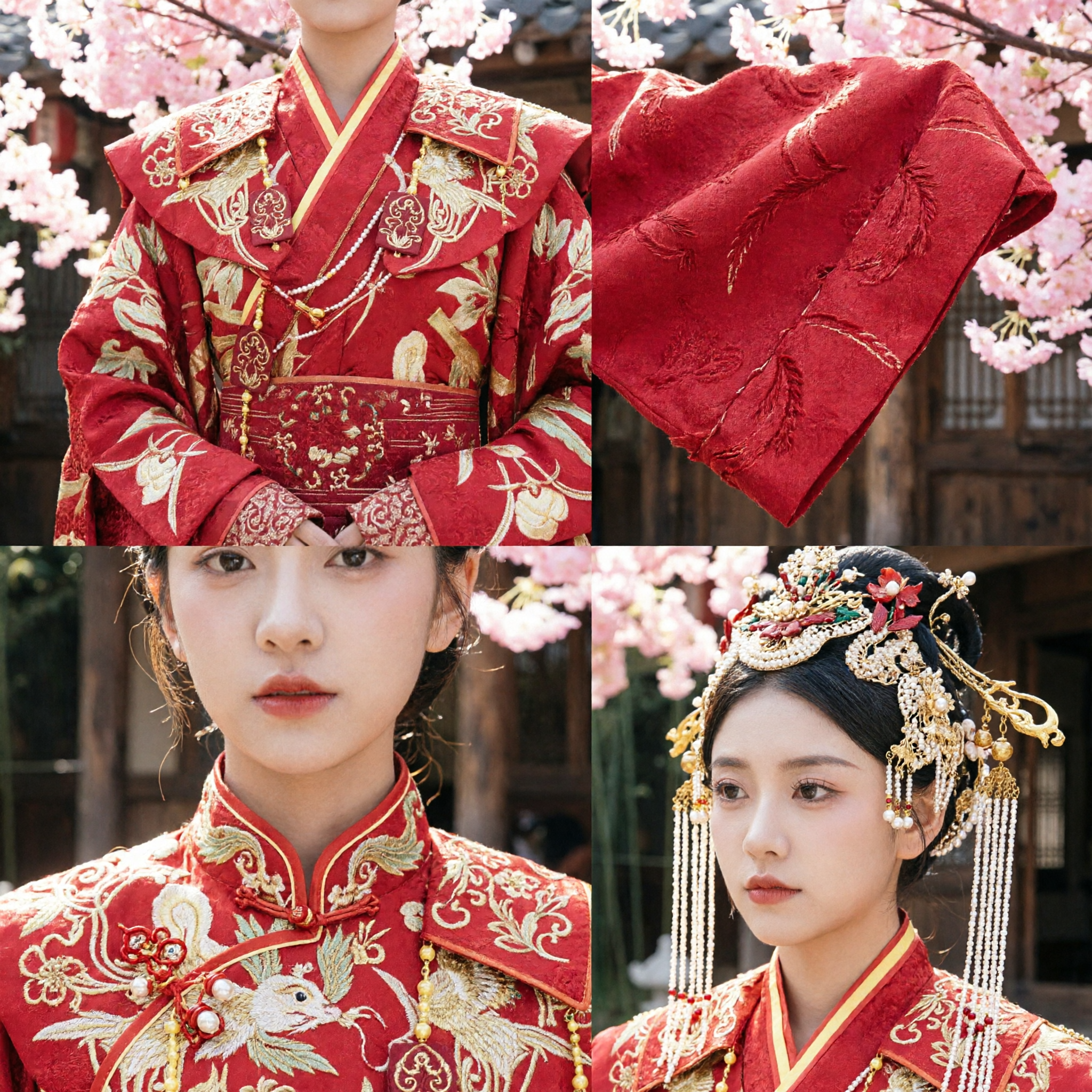 Ancient Chinese Bride Wedding Hanfu Red Robe Gold Embroidery Traditional Costume with Veil for Women