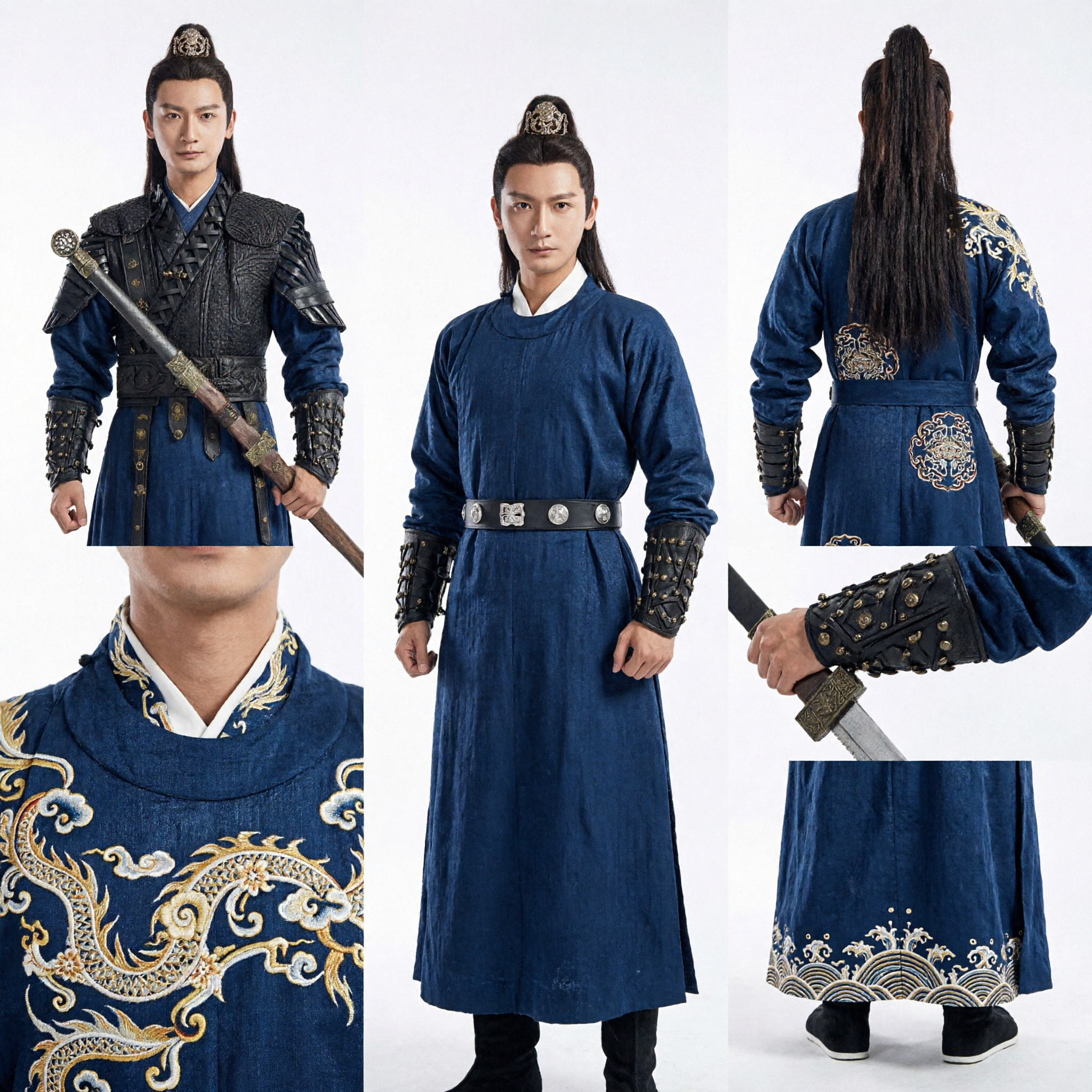 Ancient Chinese Swordsman Black Armor Costume Men Traditional Wuxia Warrior Hanfu for Cosplay Performance