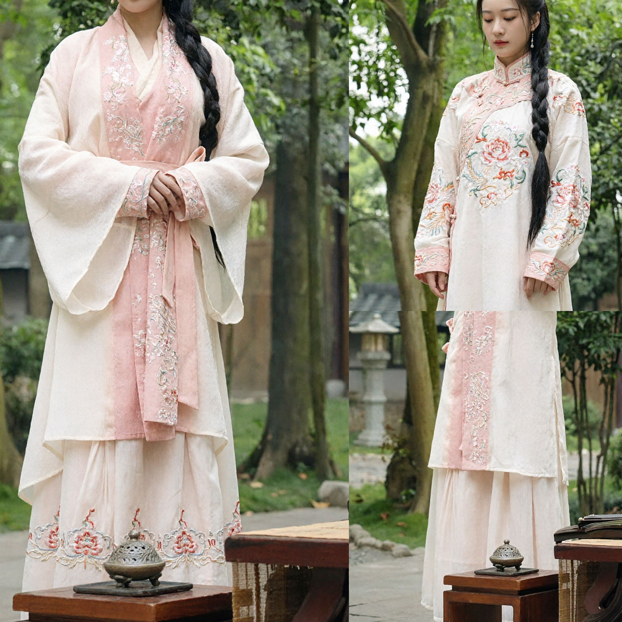 Elegant Pink Traditional Chinese Hanfu Ancient Costume Embroidered Outer Robe and Skirt Set for Women