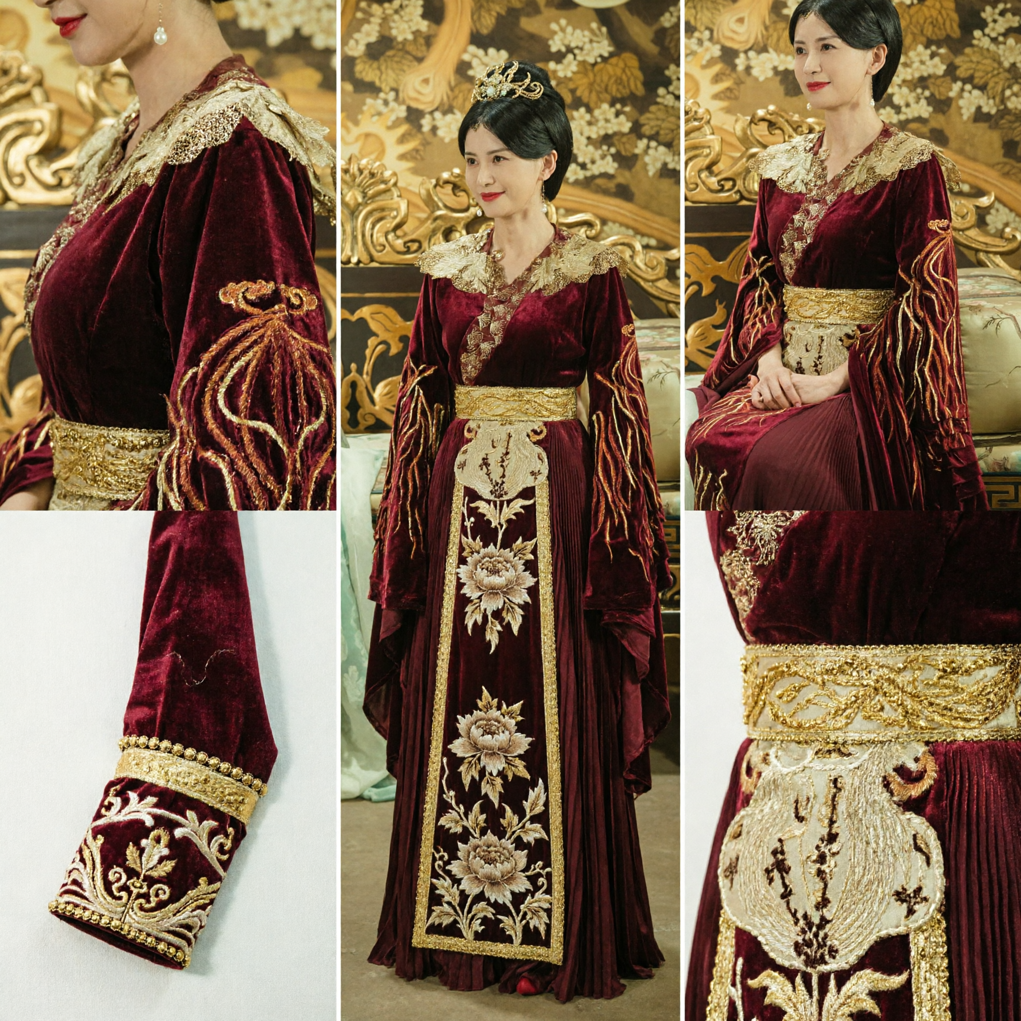 Ancient Chinese Palace Lady Deep Red Velvet Hanfu Costume with Gold Embroidery for Women