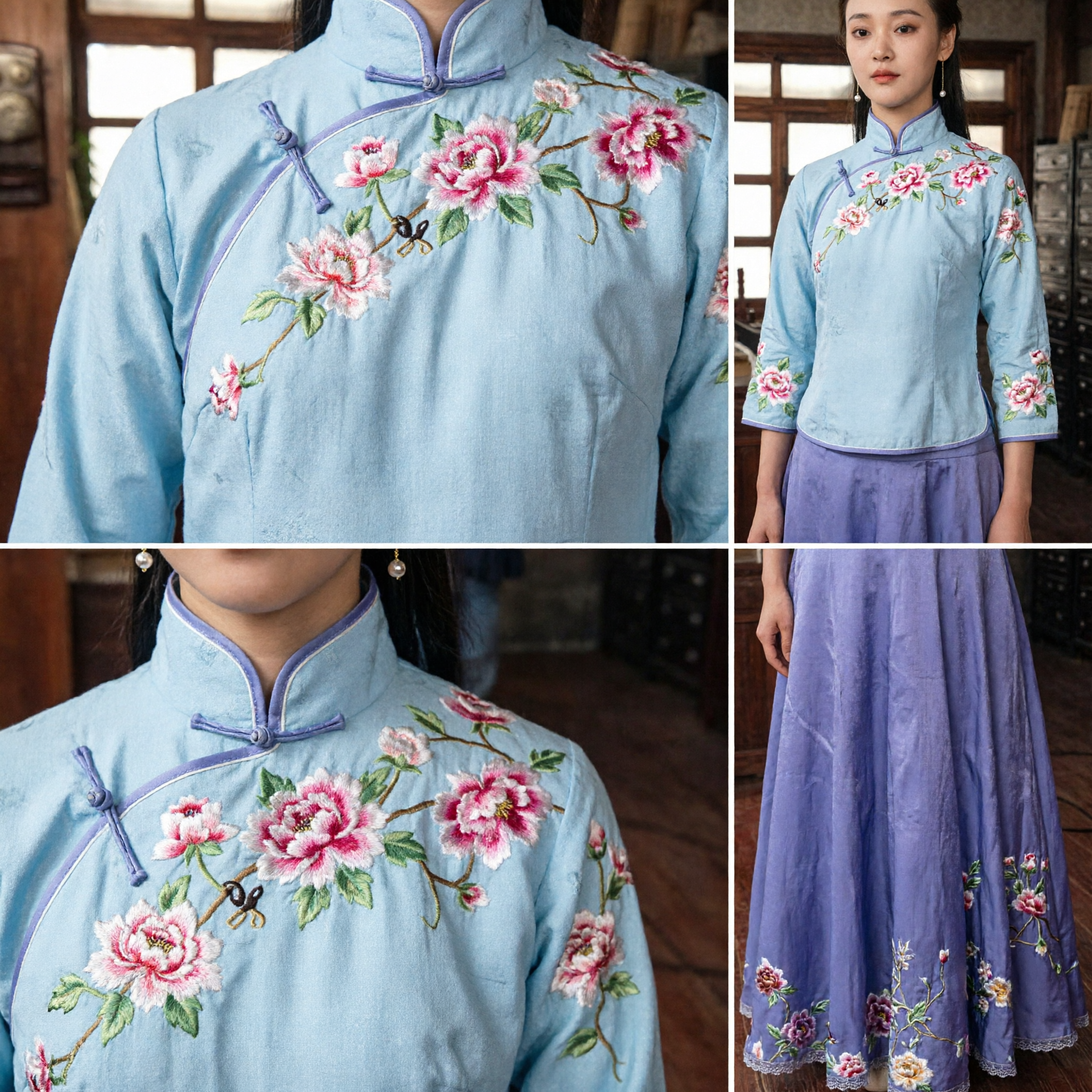 Women's Republican Era Minguo Student Costume Blue Embroidered Blouse and Long Skirt Traditional Chinese Clothing Set