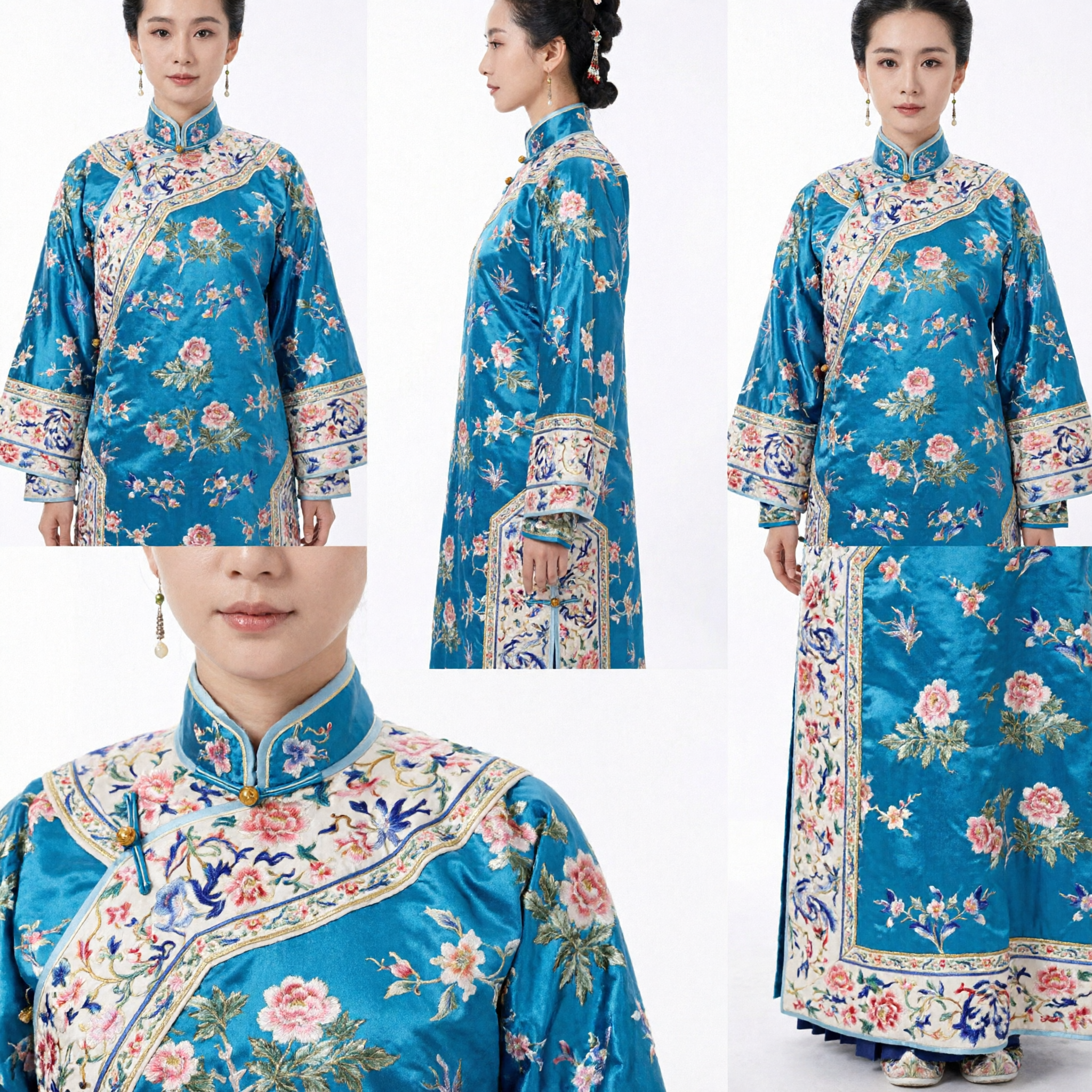 Traditional Chinese Qing Dynasty Empress Costume Blue Floral Embroidered Robe for Women Stage Performance Cosplay
