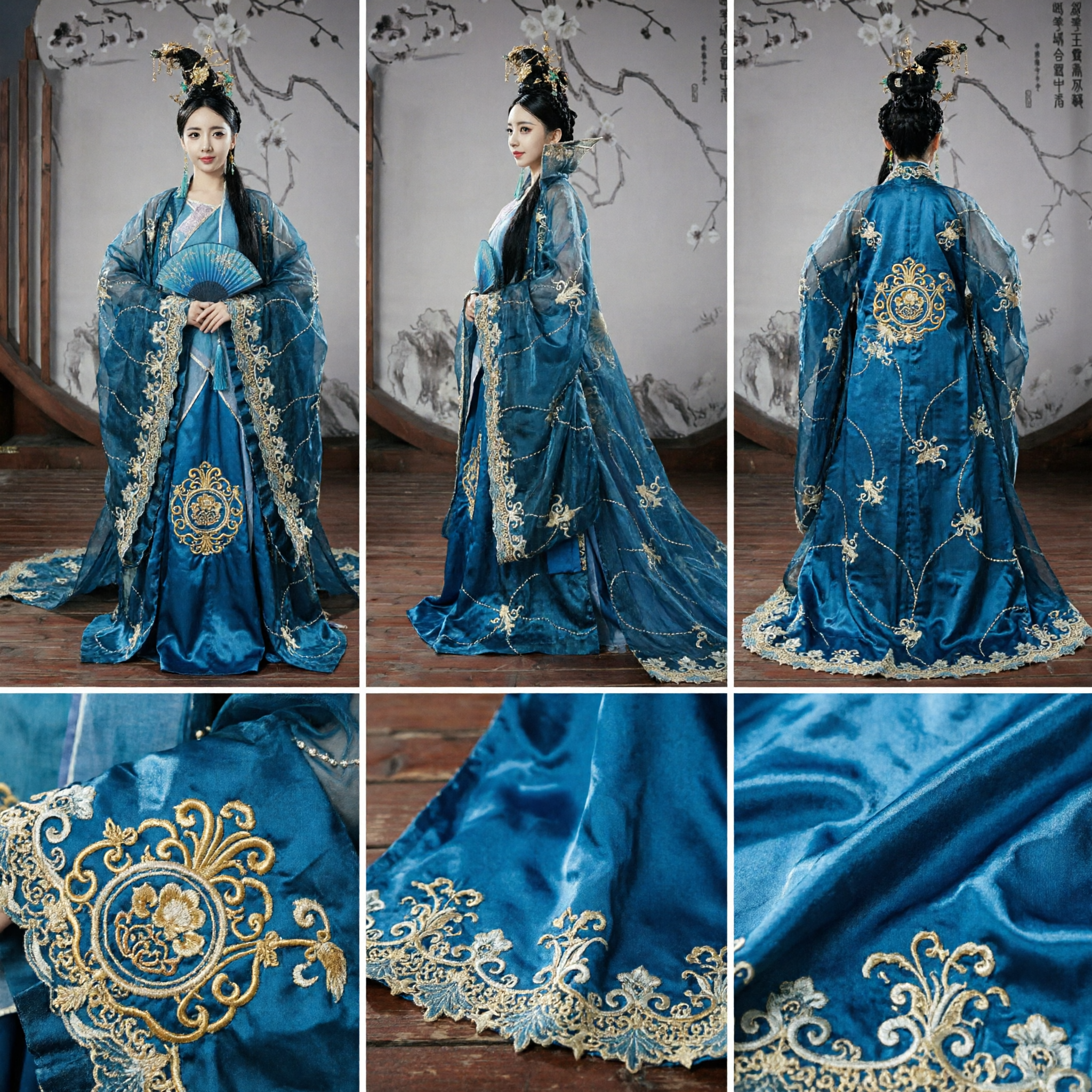 Elegant Blue Hanfu Ancient Chinese Princess Dress Long Train Embroidered Costume for Women Stage Performance