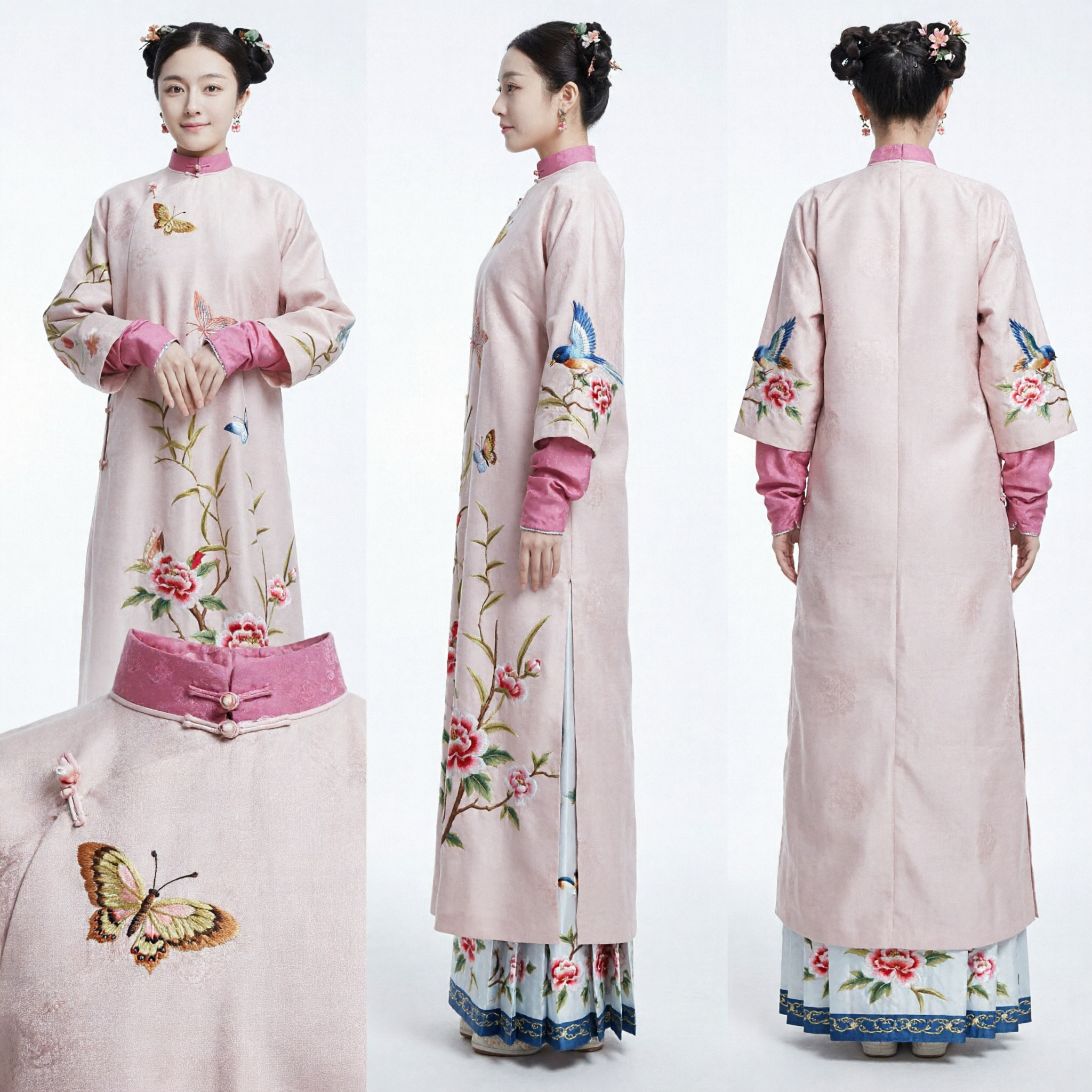 Traditional Chinese Qing Dynasty Princess Costume Pink Embroidered Butterfly Robe Ancient Clothing Dress for Women