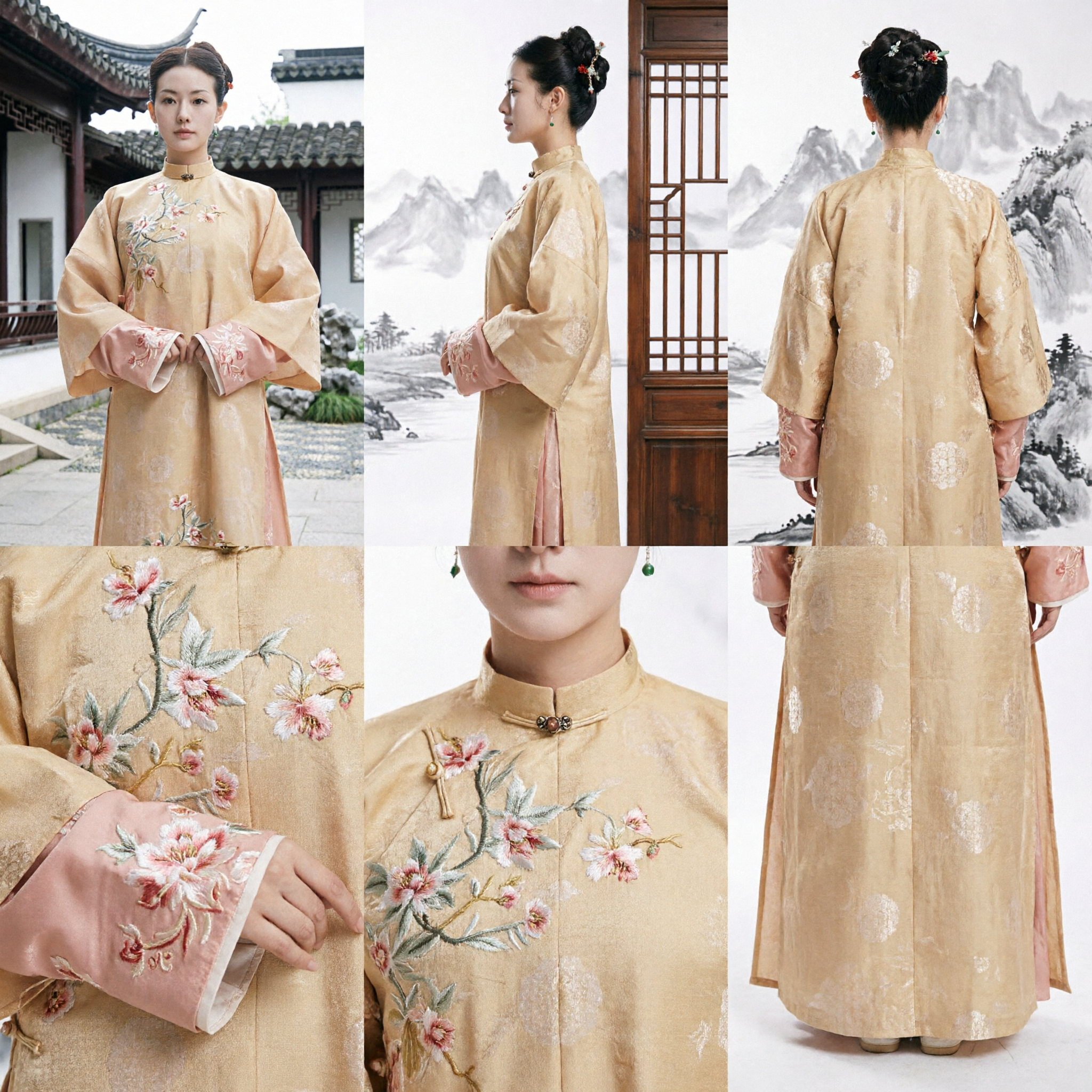 Traditional Chinese Ming Dynasty Hanfu Long Ao Apricot Silk Robe Embroidered Floral Costume for Women Wedding Ceremony