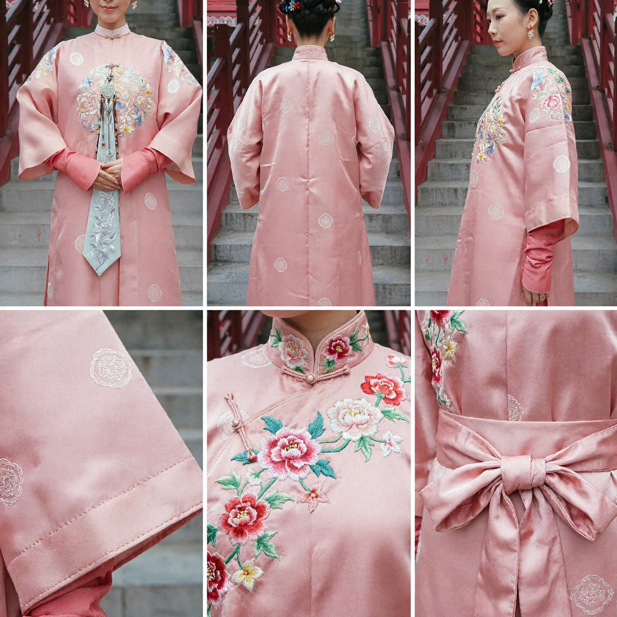 Traditional Chinese Pink Qing Dynasty Palace Lady Costume Embroidered Ancient Manchu Robe for Women
