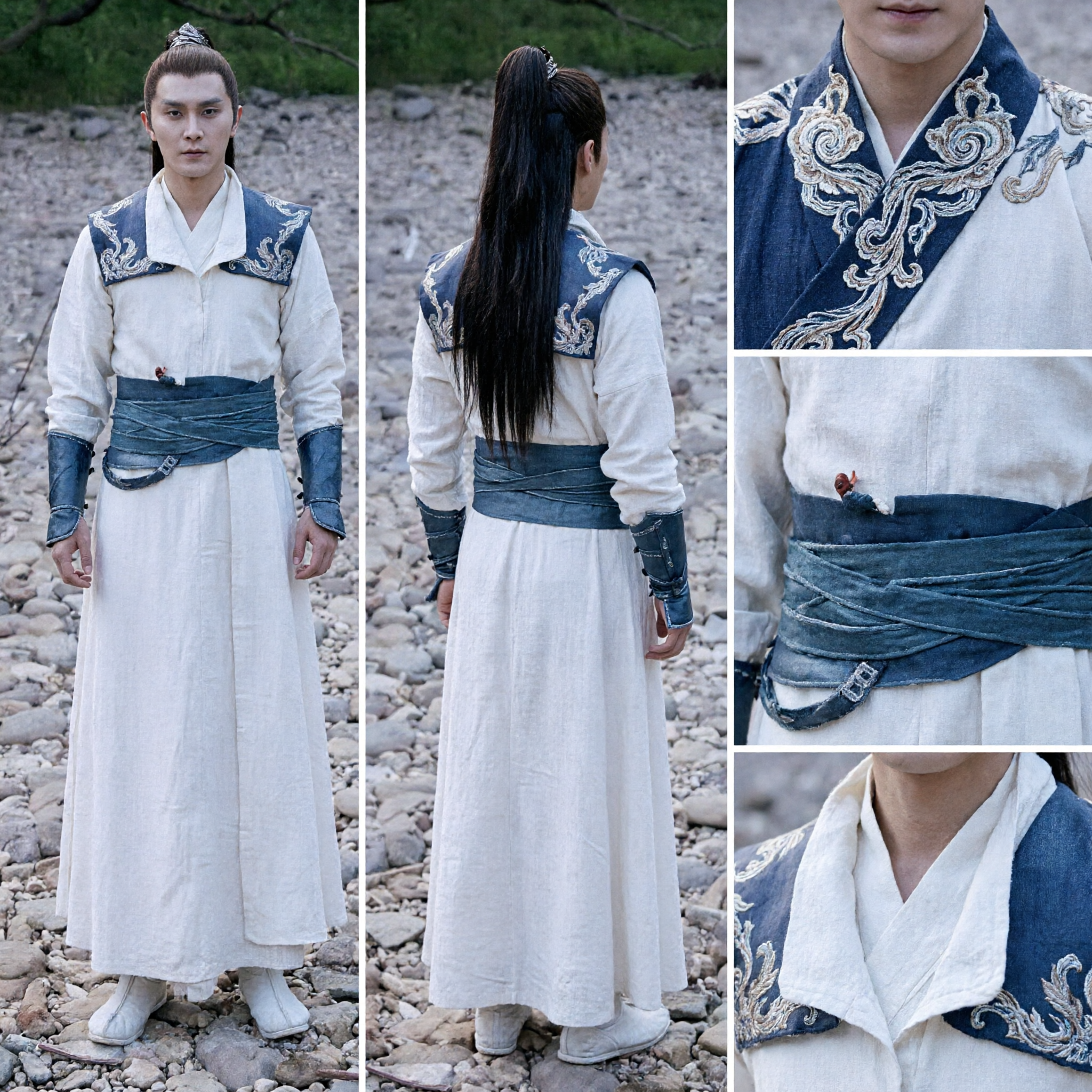 Men's Ancient Chinese Knight Costume White Blue Hanfu Wuxia Swordsman Robe for Cosplay Performance