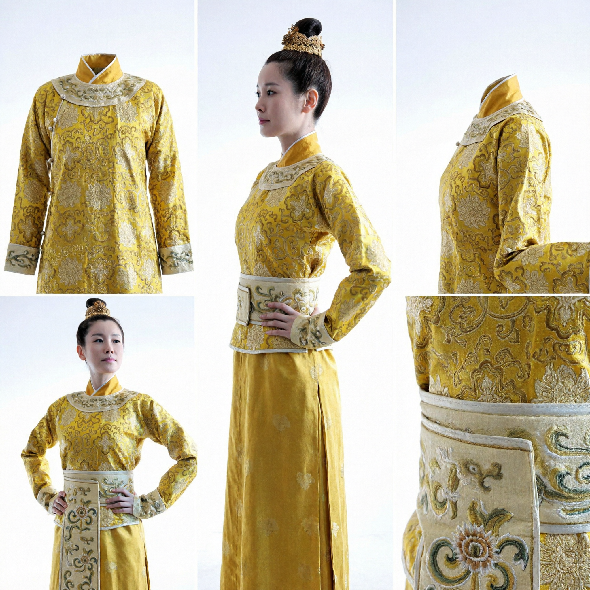 Traditional Chinese Ancient Yellow Brocade Costume Complete Set Empress Queen Hanfu Dress for Women Historical Cosplay