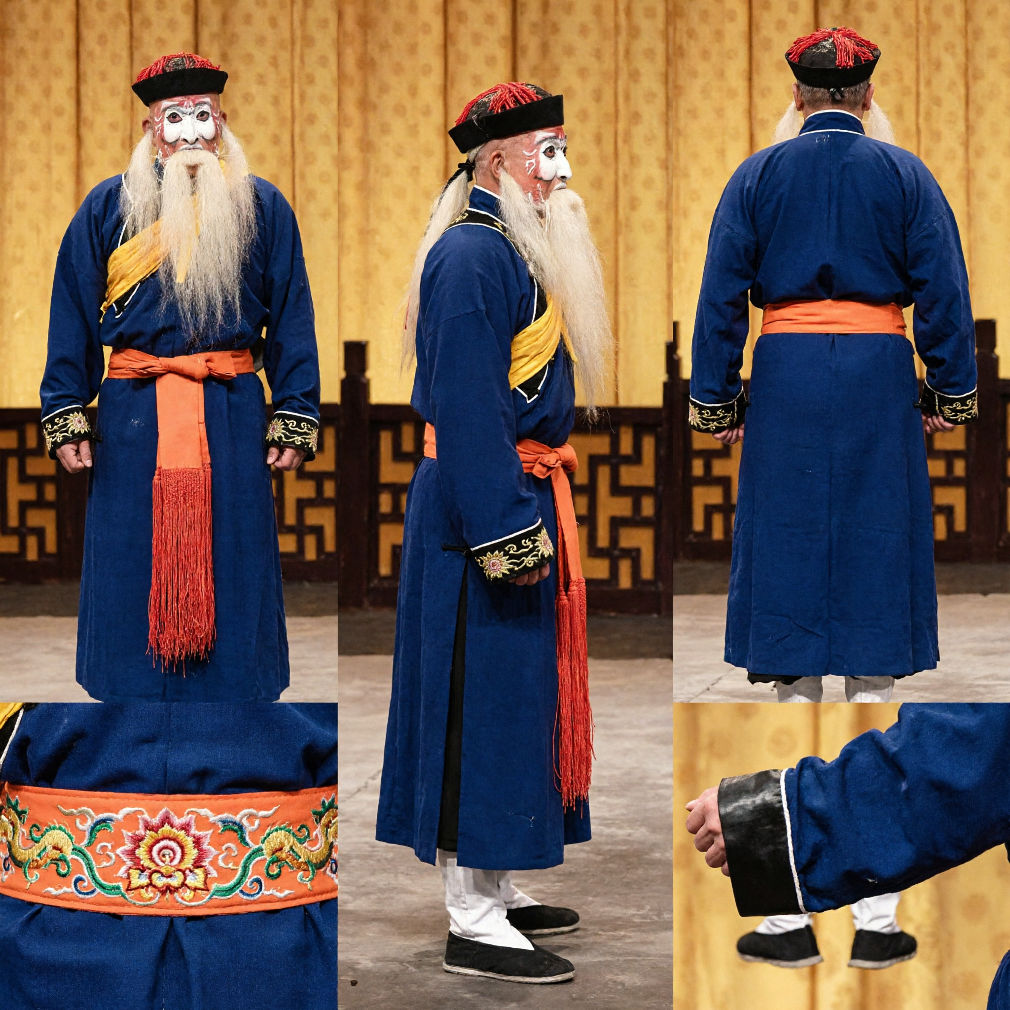 Traditional Chinese Beijing Opera Clown Costume Blue Robe Complete Set with Hat and Beard for Men Stage Performance