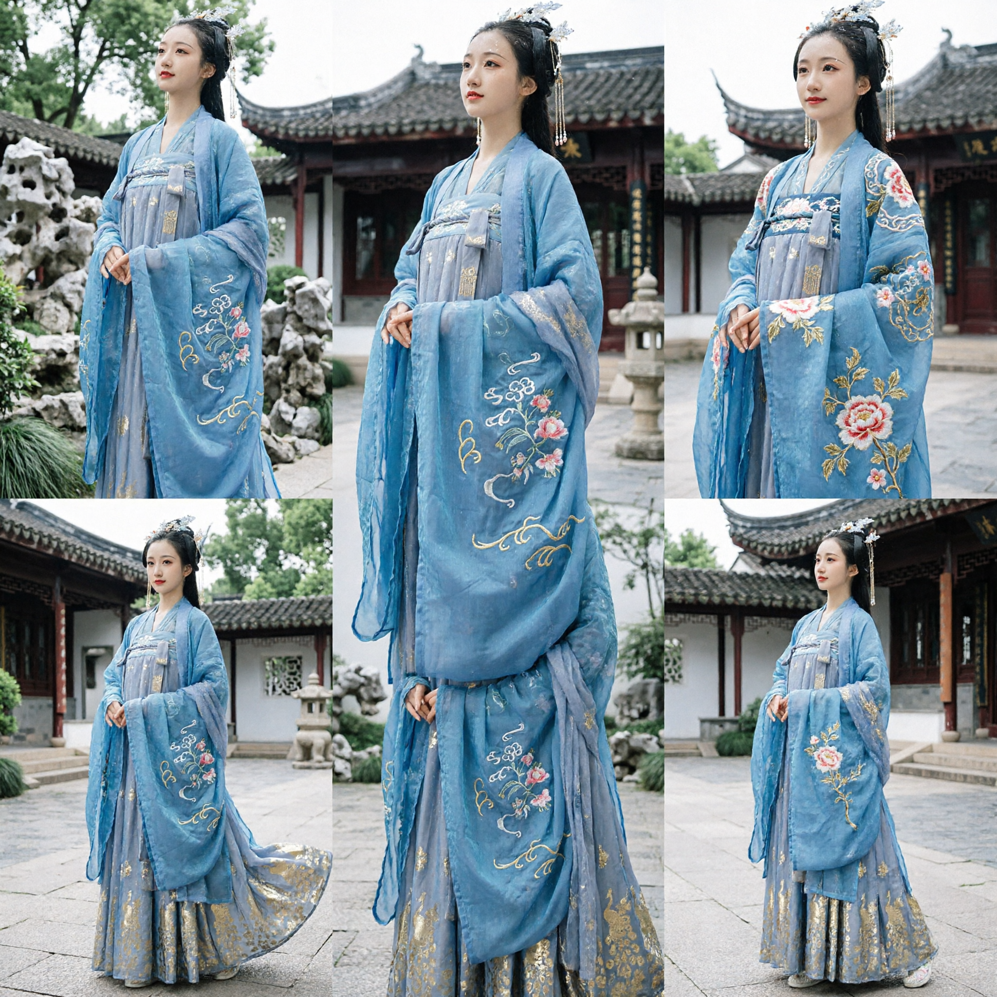 Traditional Chinese Hanfu Blue Floral Embroidered Robe and Gold Foil Skirt Ancient Fairy Costume for Women