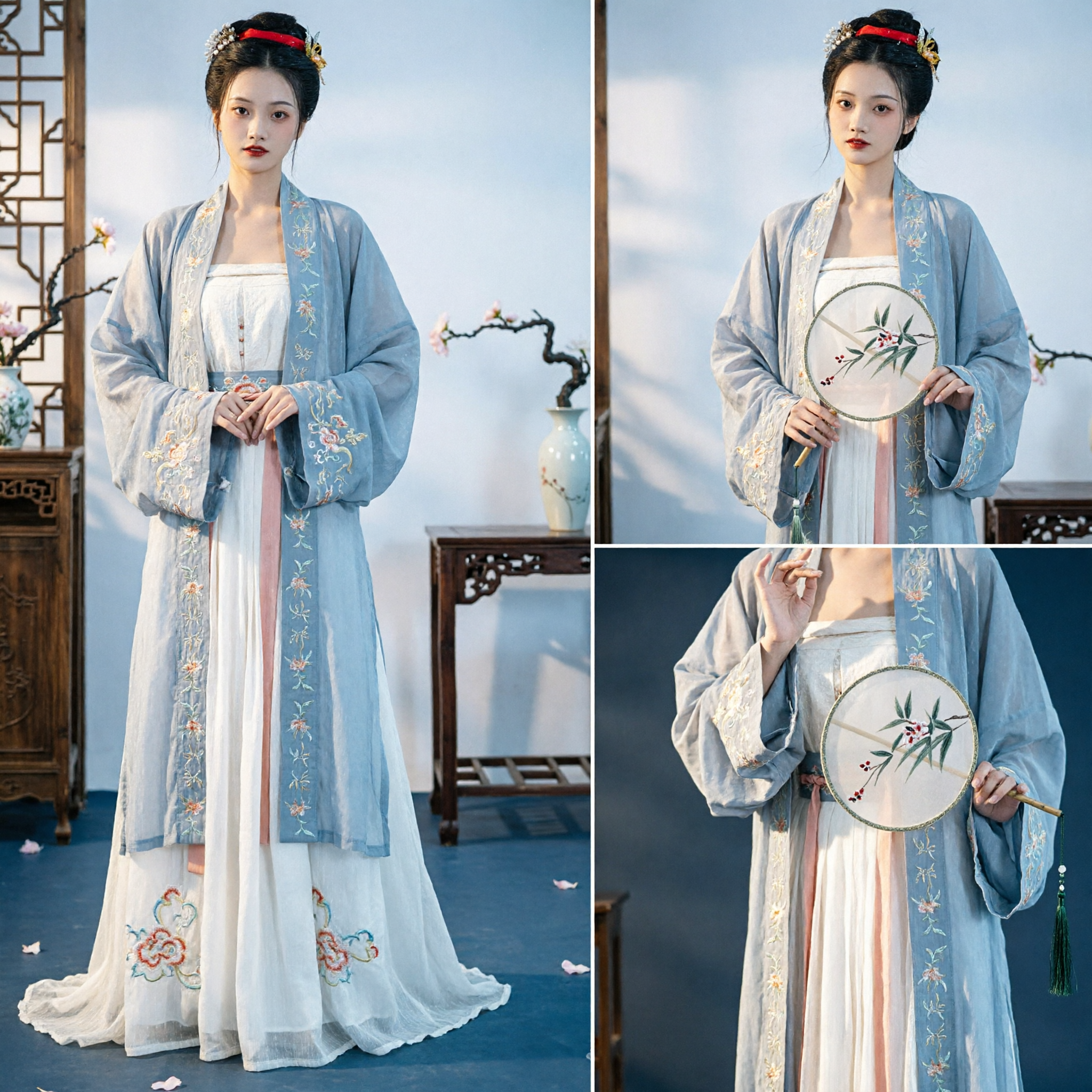 Traditional Chinese Hanfu Costume for Women Song Dynasty Style Blue Embroidered Robe and Dress Set for Photography