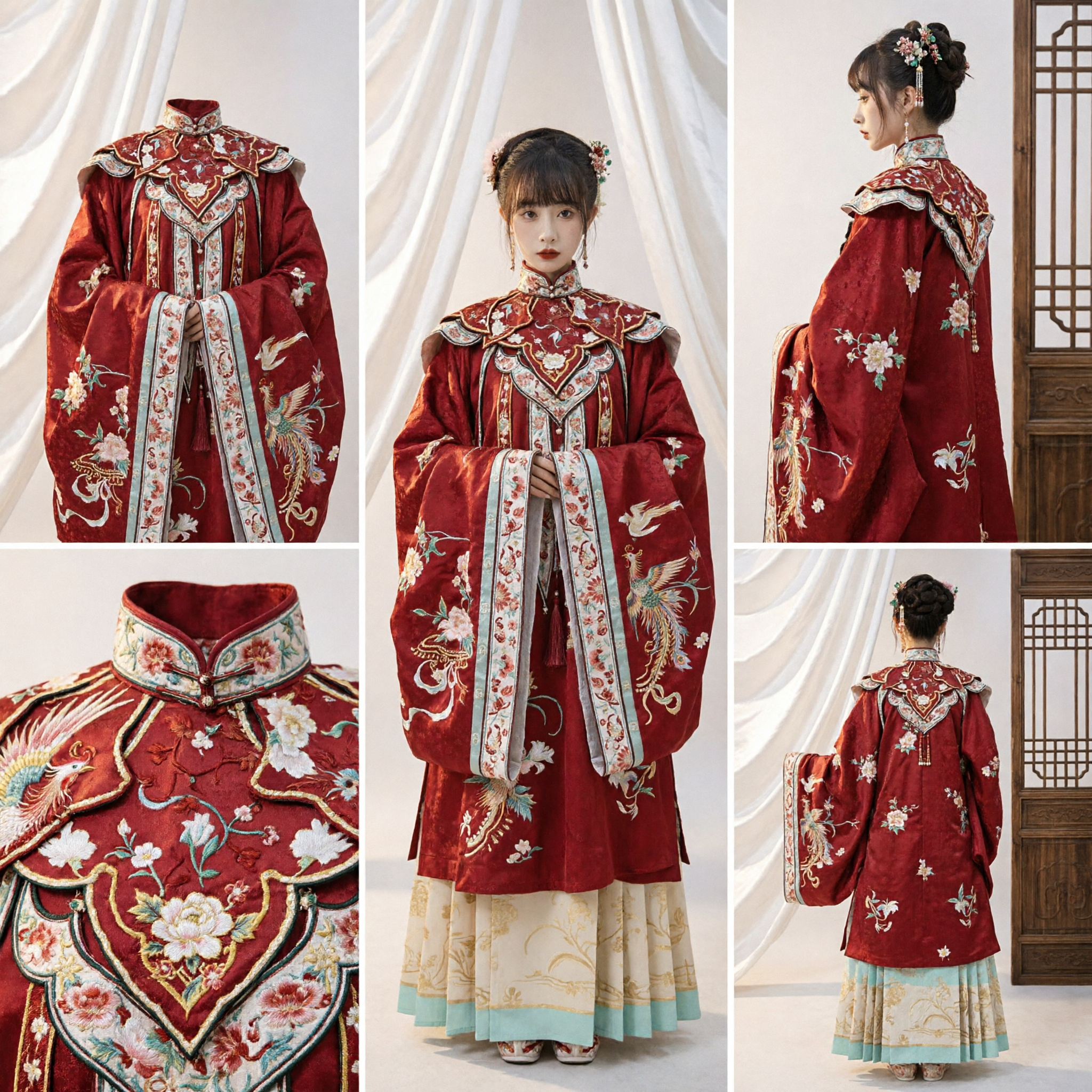 Traditional Chinese Ming Dynasty Hanfu Red Embroidered Robe and Pleated Skirt Set Wedding Costume for Women