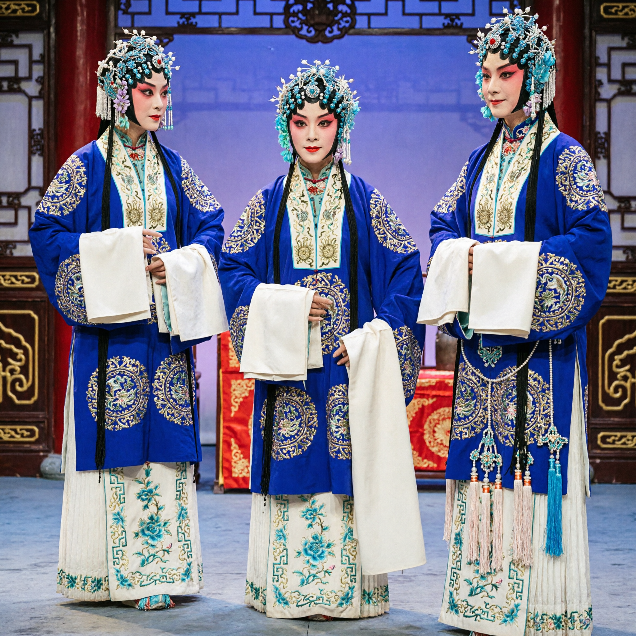 Traditional Chinese Peking Opera Blue Embroidered Robe and Headdress Complete Costume Set for Female Dan Role Stage Performance