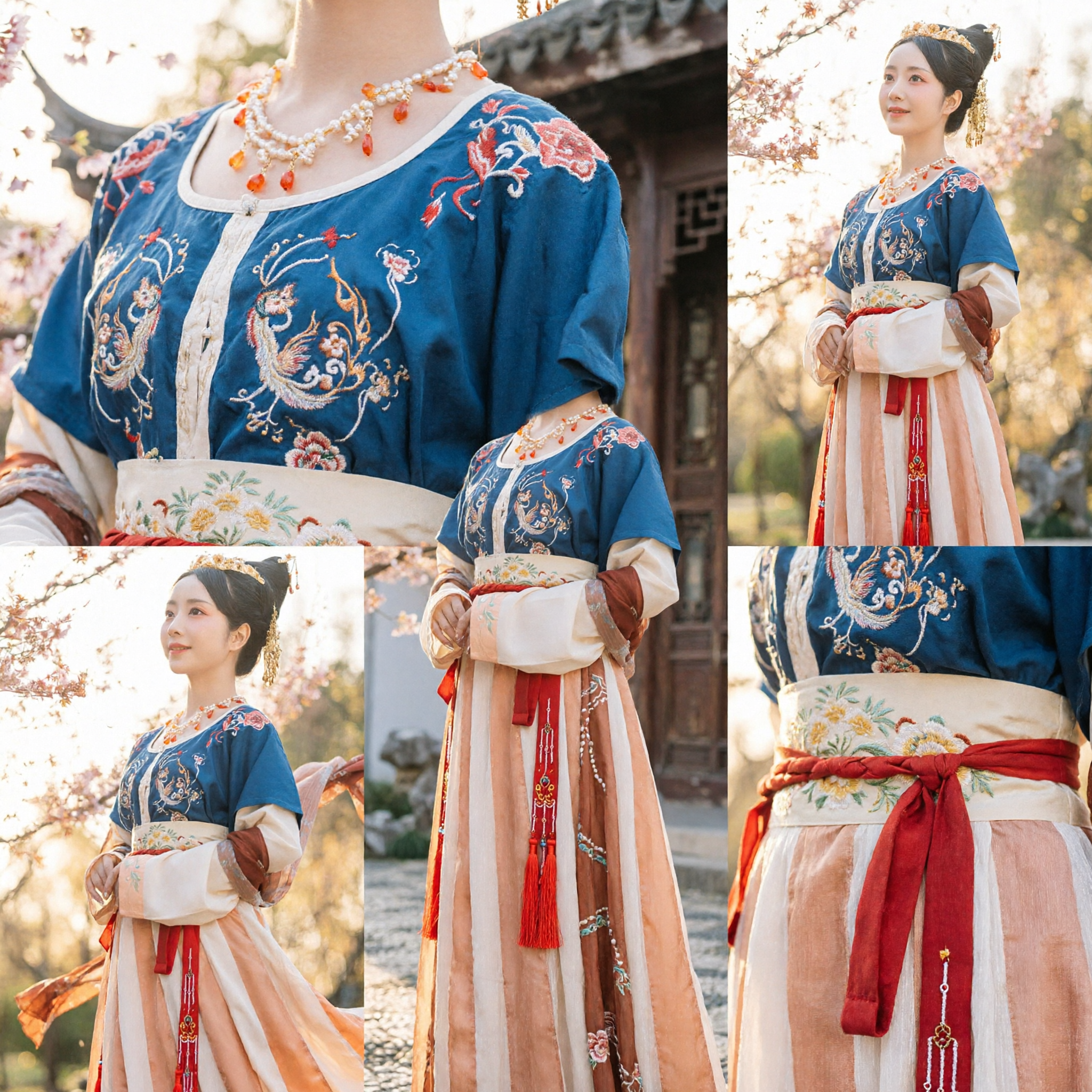 Traditional Chinese Hanfu Tang Dynasty Ruqun Dress Blue Embroidered Top and Gradient Skirt Ancient Princess Costume for Women