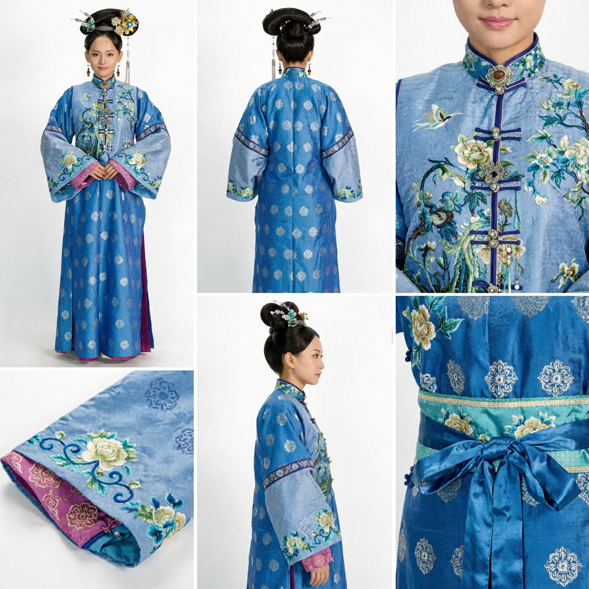 Traditional Chinese Qing Dynasty Manchu Princess Costume Blue Embroidered Robe Dress for Women Historical Cosplay