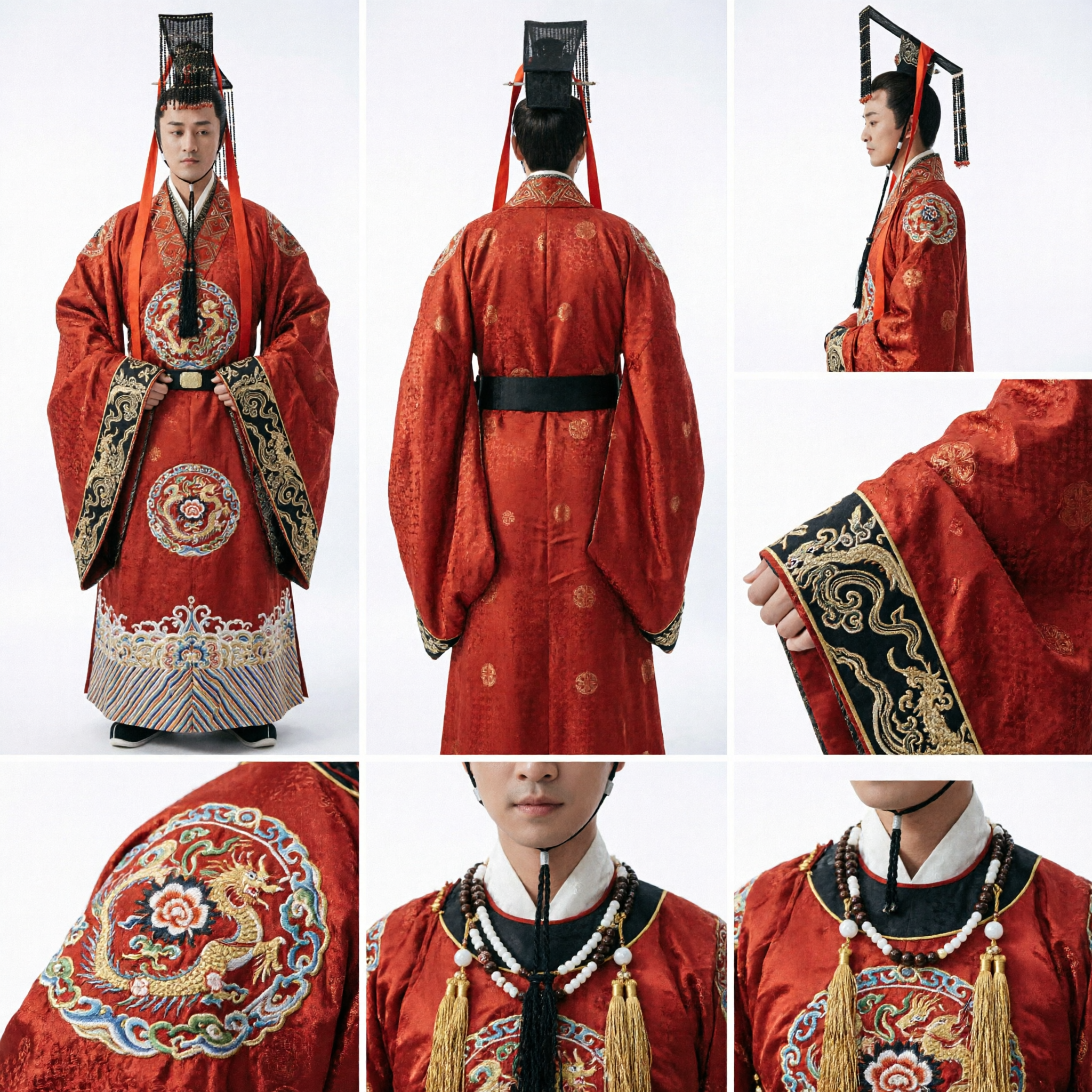 Ancient Chinese Emperor Costume Red Hanfu Robe with Beaded Crown for Men Historical Drama Performance