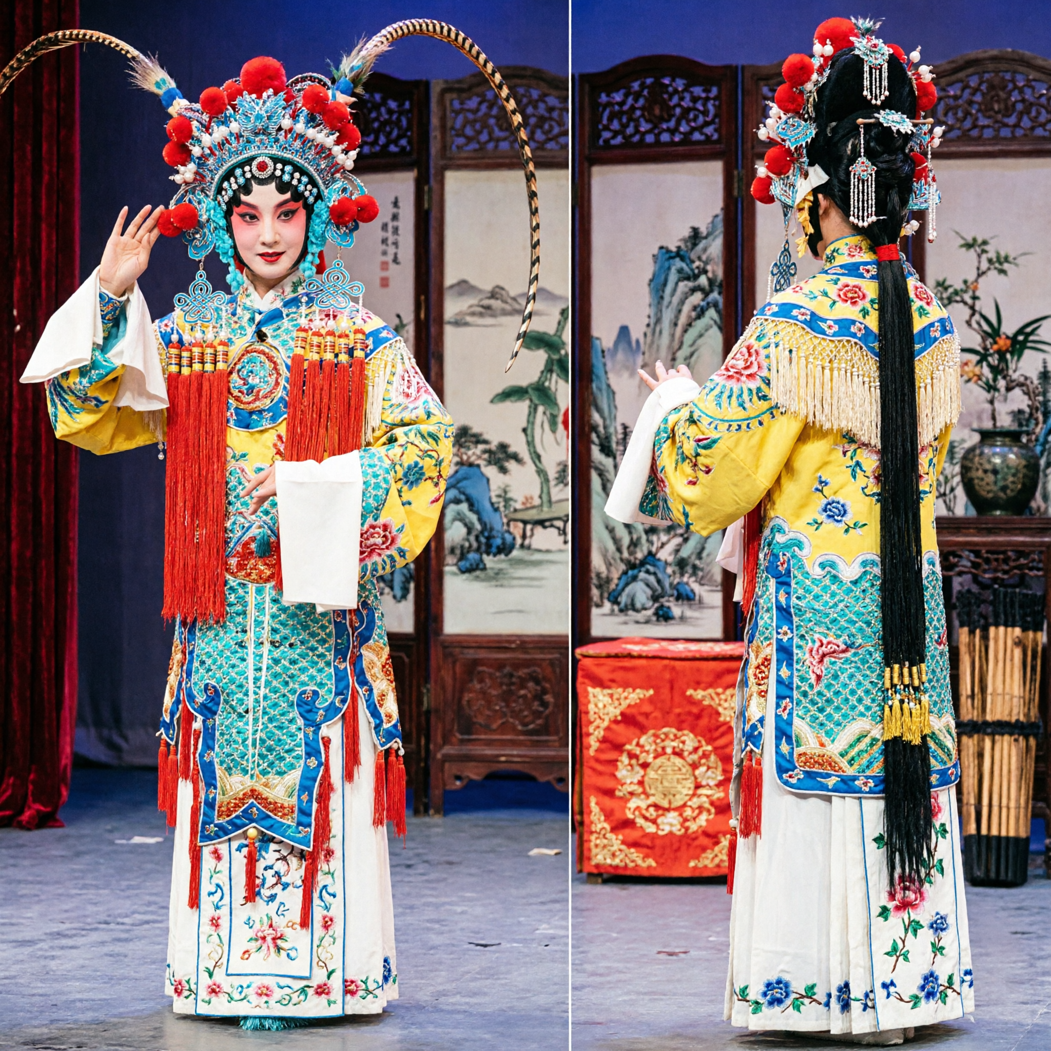 Traditional Chinese Peking Opera Costume for Women with Embroidered Robe and Pheasant Feather Headdress for Stage Performance