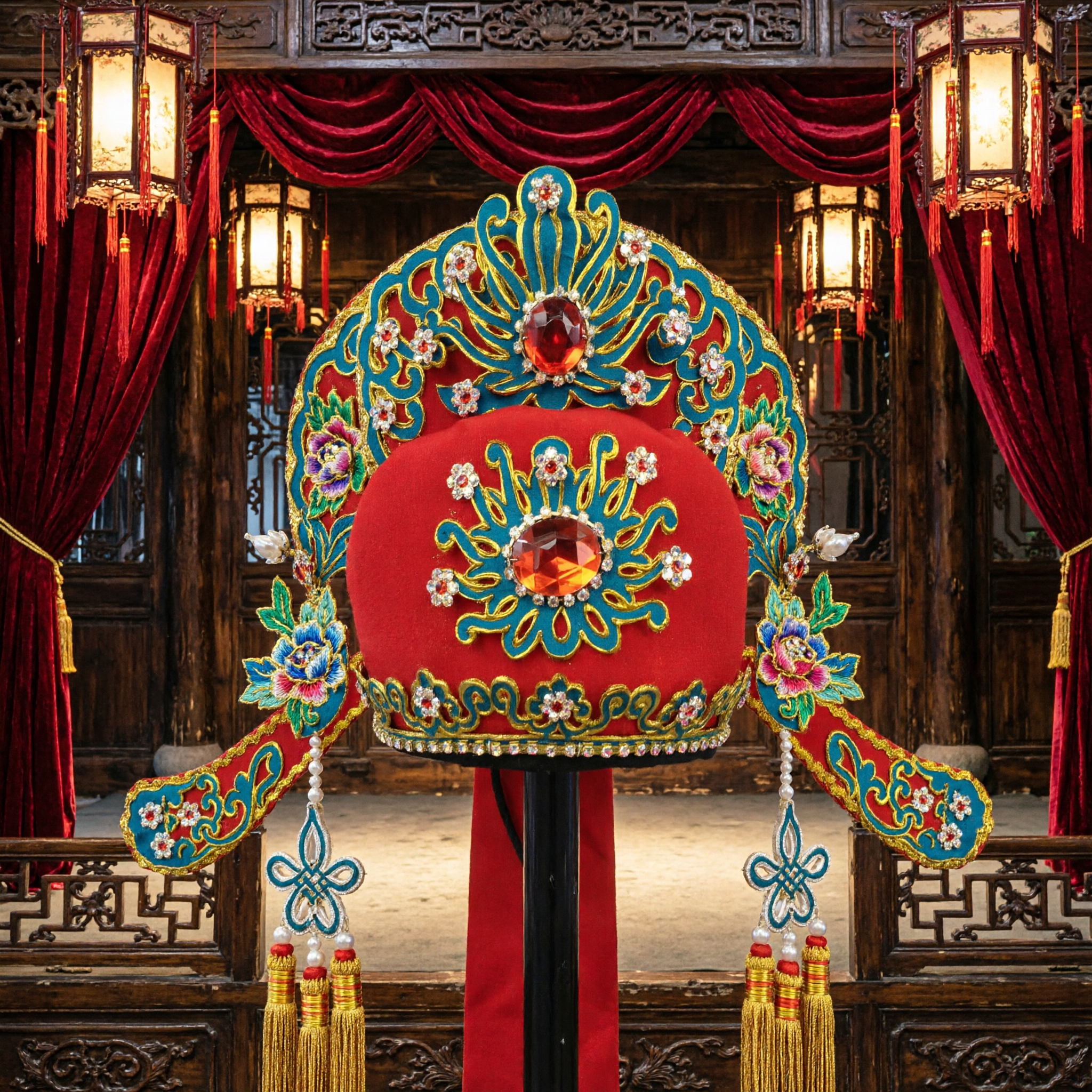 Traditional Chinese Peking Opera Red Scholar Hat Ancient Wedding Groom Headwear Embroidered Costume Accessory