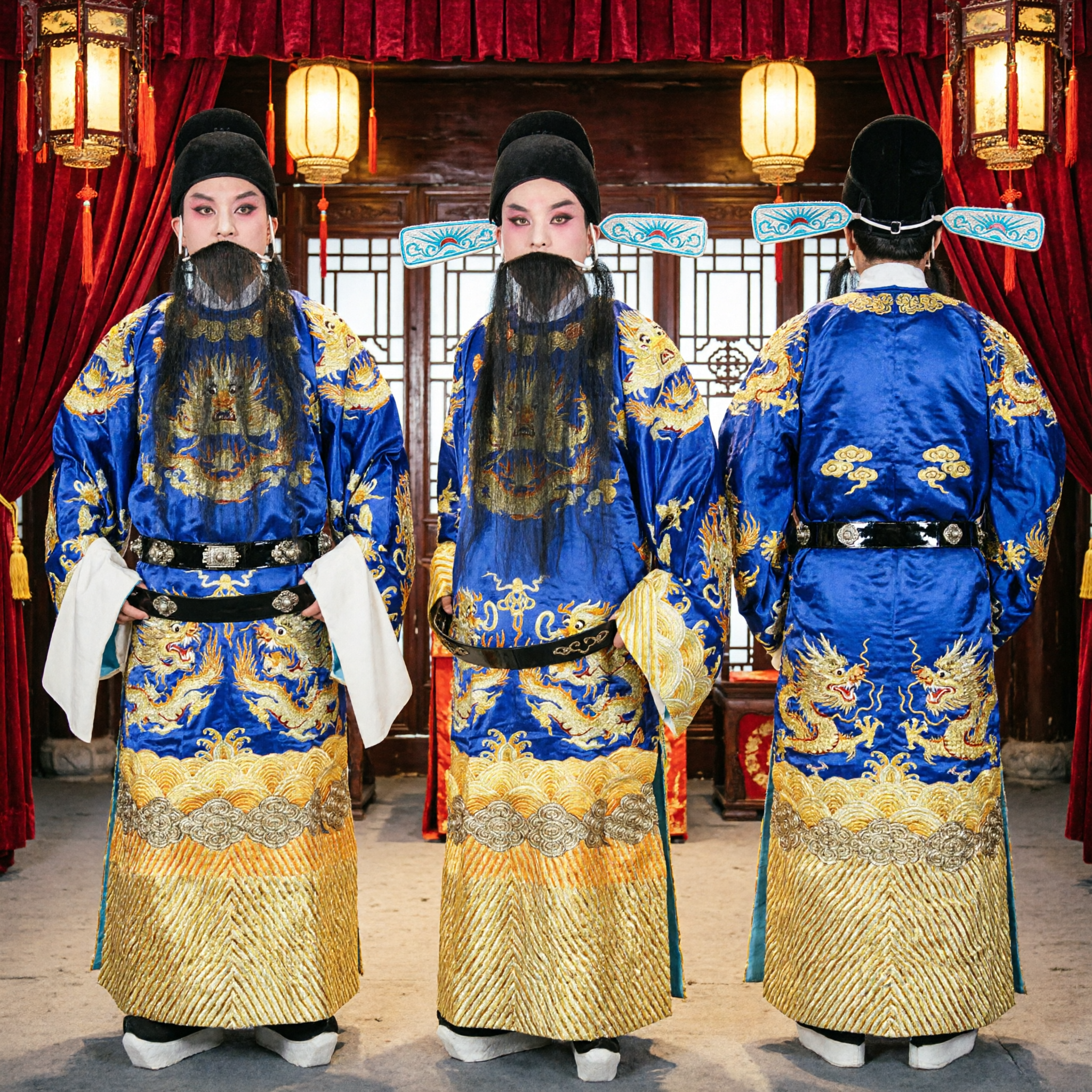 Traditional Chinese Peking Opera Blue Dragon Robe Costume Complete Set with Hat and Beard for Men Stage Performance