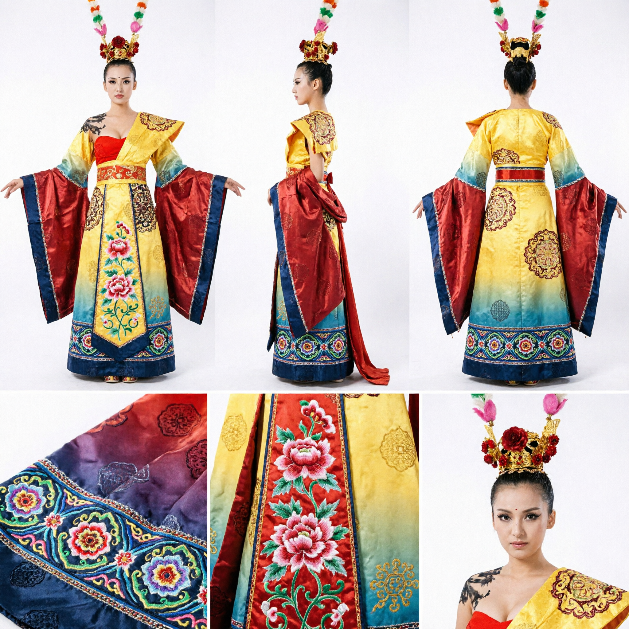 Traditional Chinese Opera Monkey King Inspired Costume with Pheasant Feather Headpiece for Women's Stage Performance