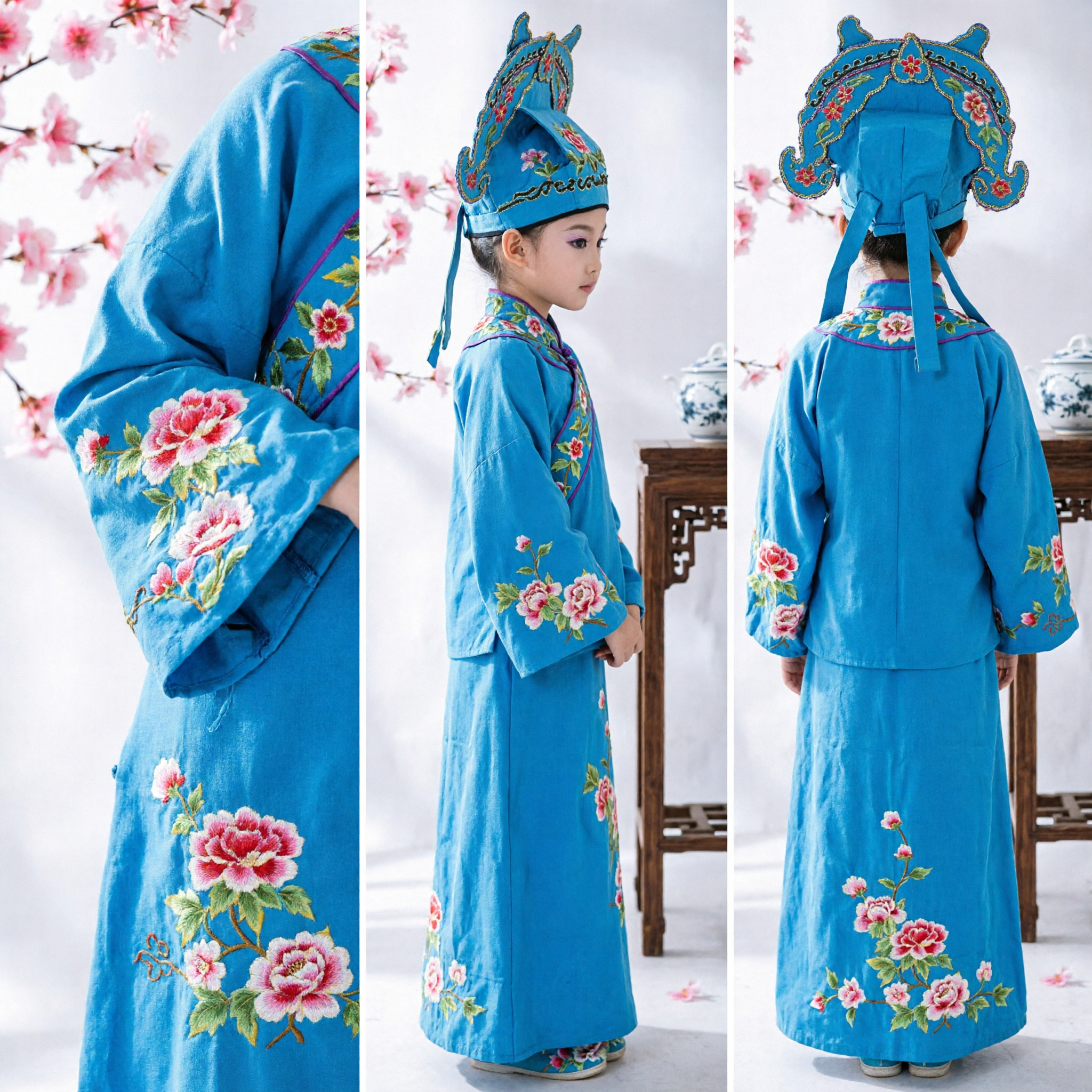 Kids Blue Chinese Opera Costume Traditional Scholar Robe and Hat Set for Stage Performance Halloween