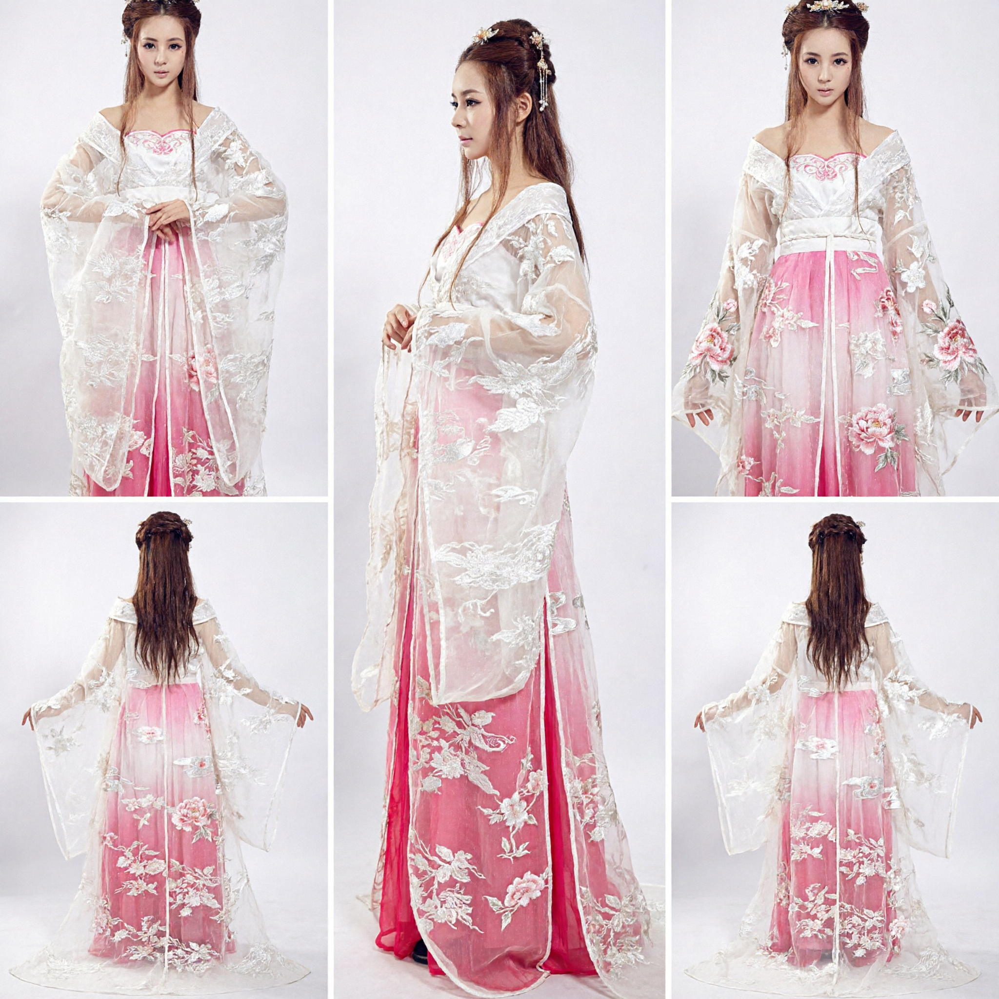 Elegant Ancient Chinese Hanfu Fairy Dress Pink Gradient Skirt White Floral Cloak Traditional Costume for Women Performance