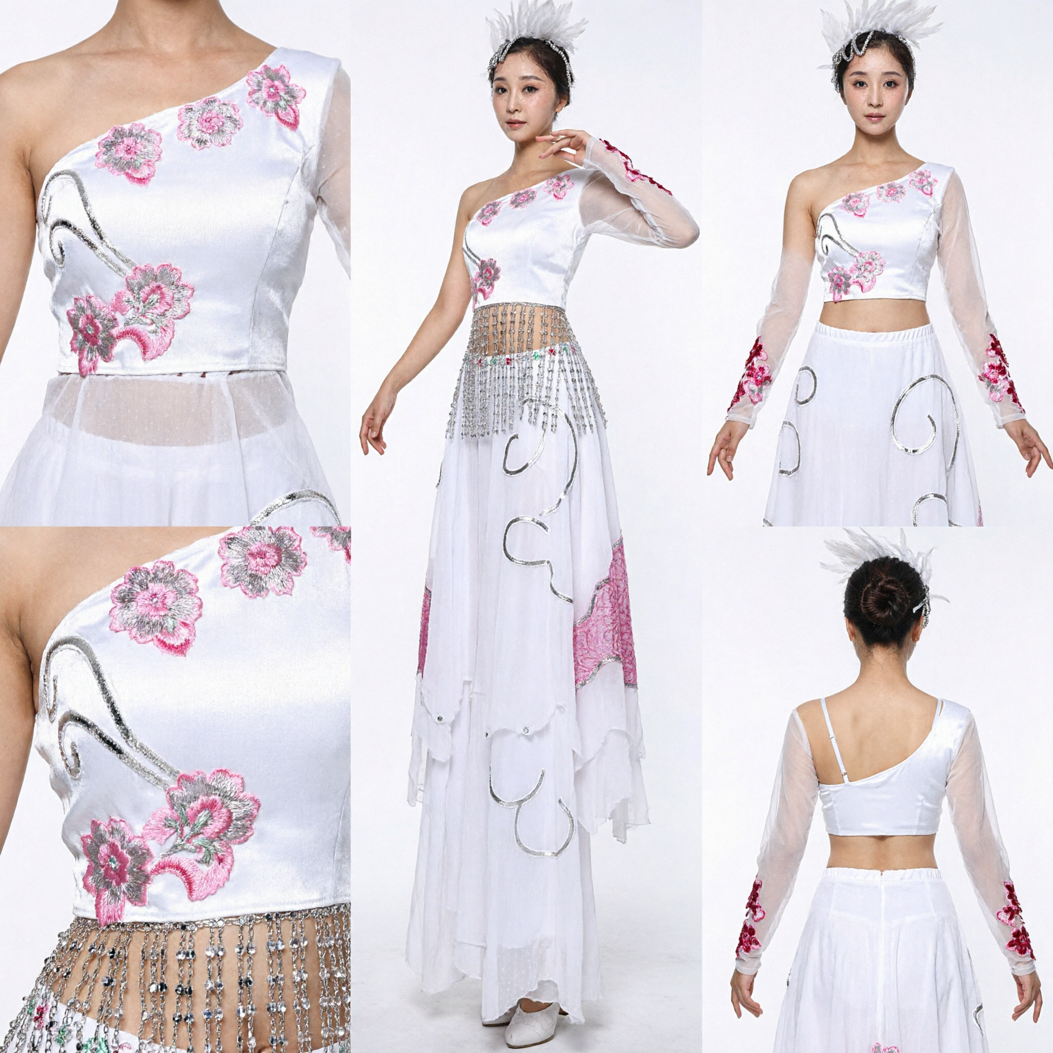 Elegant White Chinese Folk Dance Costume for Women Traditional Stage Performance Dress with Floral Embroidery