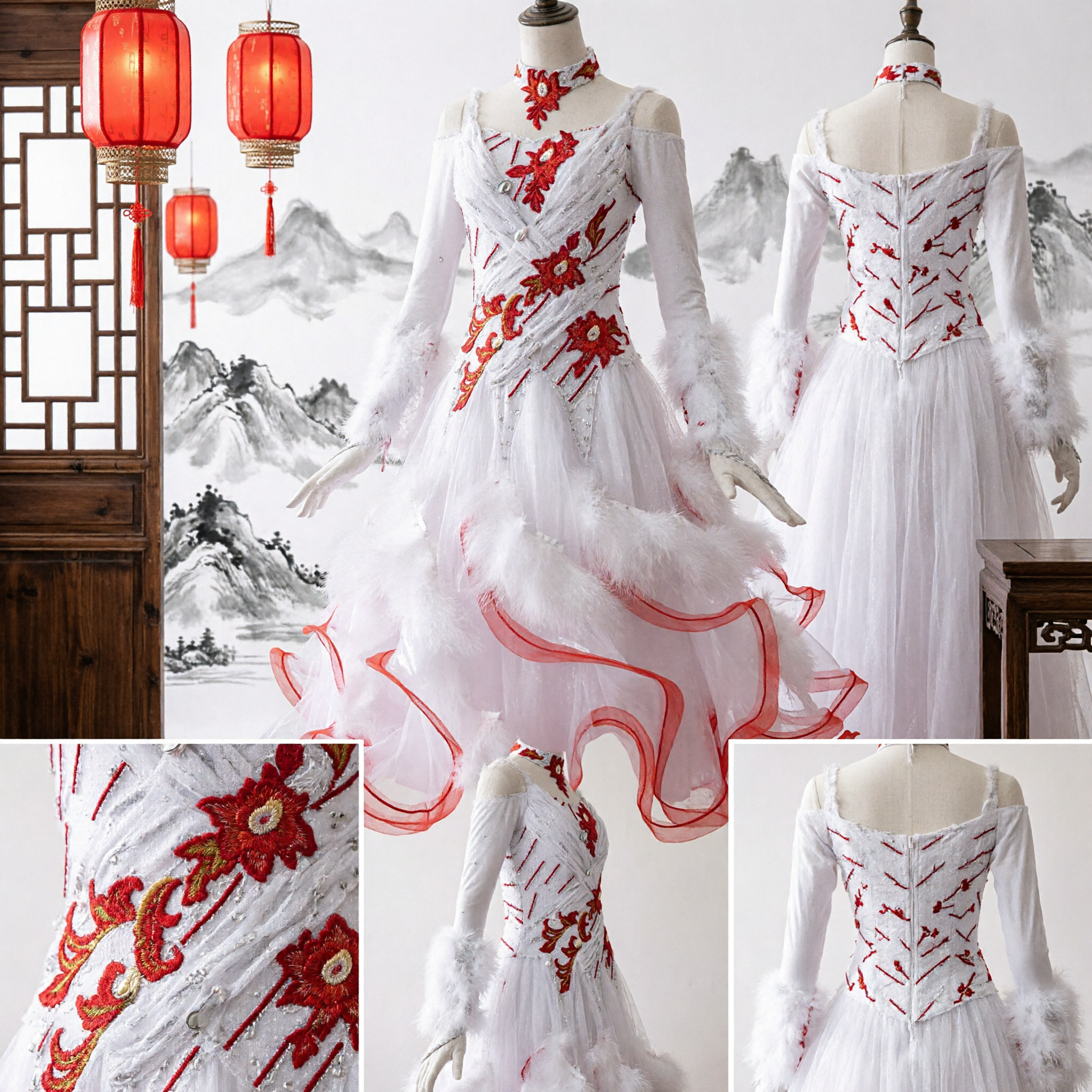 Women White Red Floral Embroidery Ballroom Dance Dress Stage Performance Competition Costume Long Tulle Skirt Gown