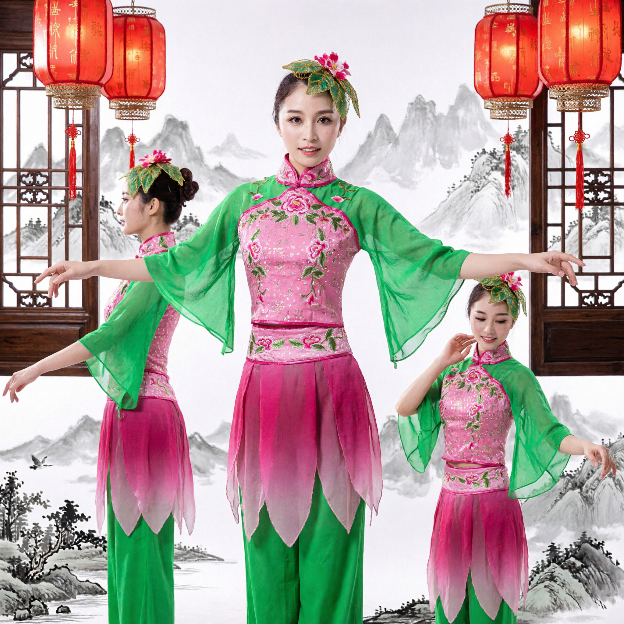 Traditional Chinese Folk Dance Costume Green Pink Floral Yangge Fan Dance Performance Outfit for Women