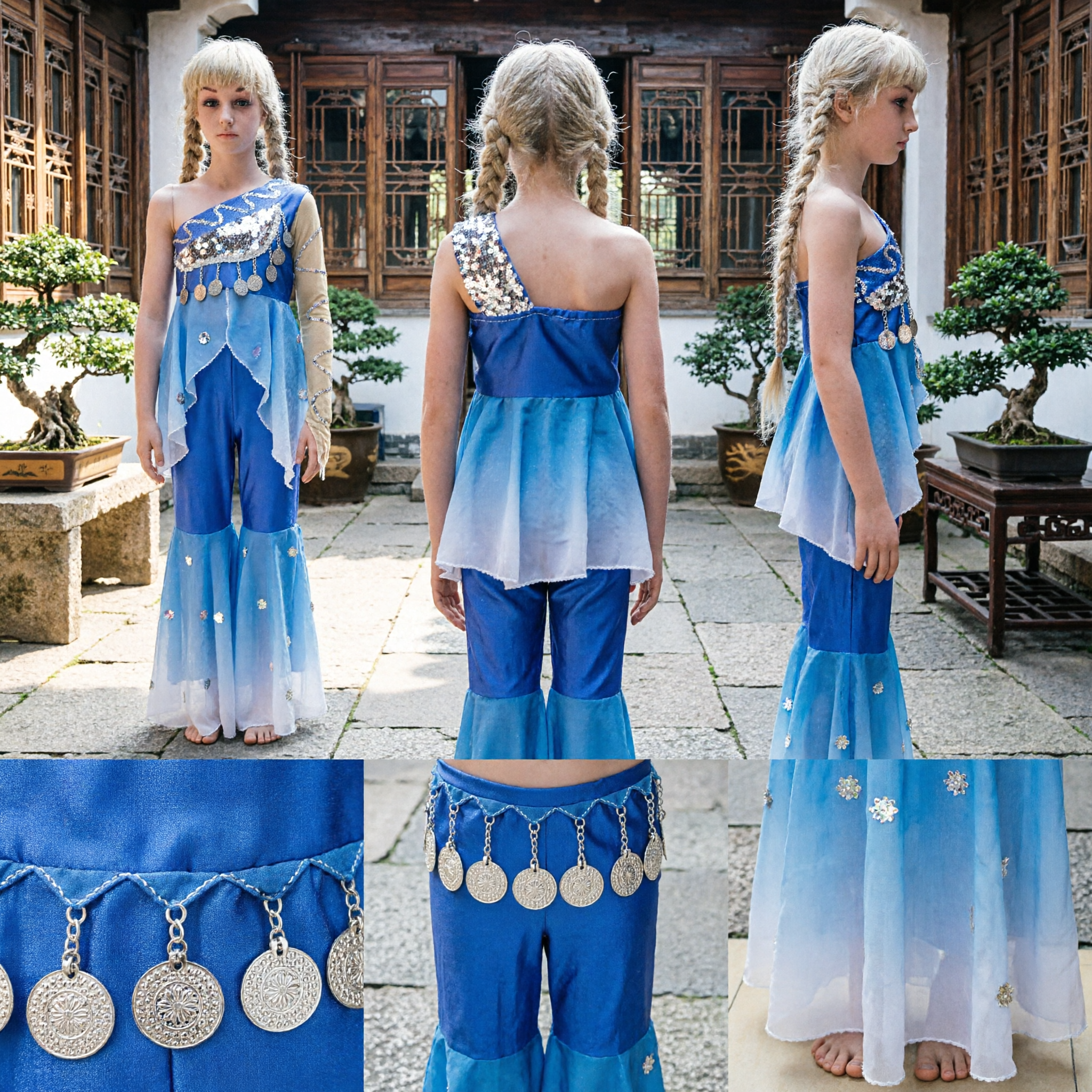 Kids Girls Blue Gradient Bollywood Dance Costume Sequin One Shoulder Top Flared Pants Stage Wear