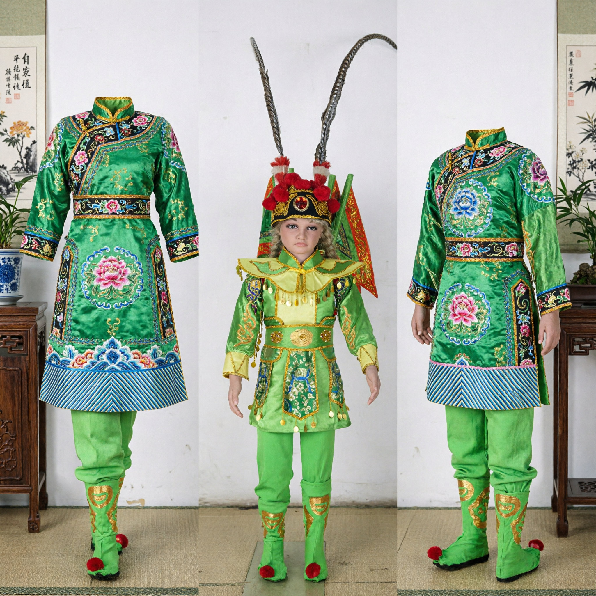 Kids Chinese Peking Opera Costume Green Warrior General Outfit with Feather Headdress for Stage Performance