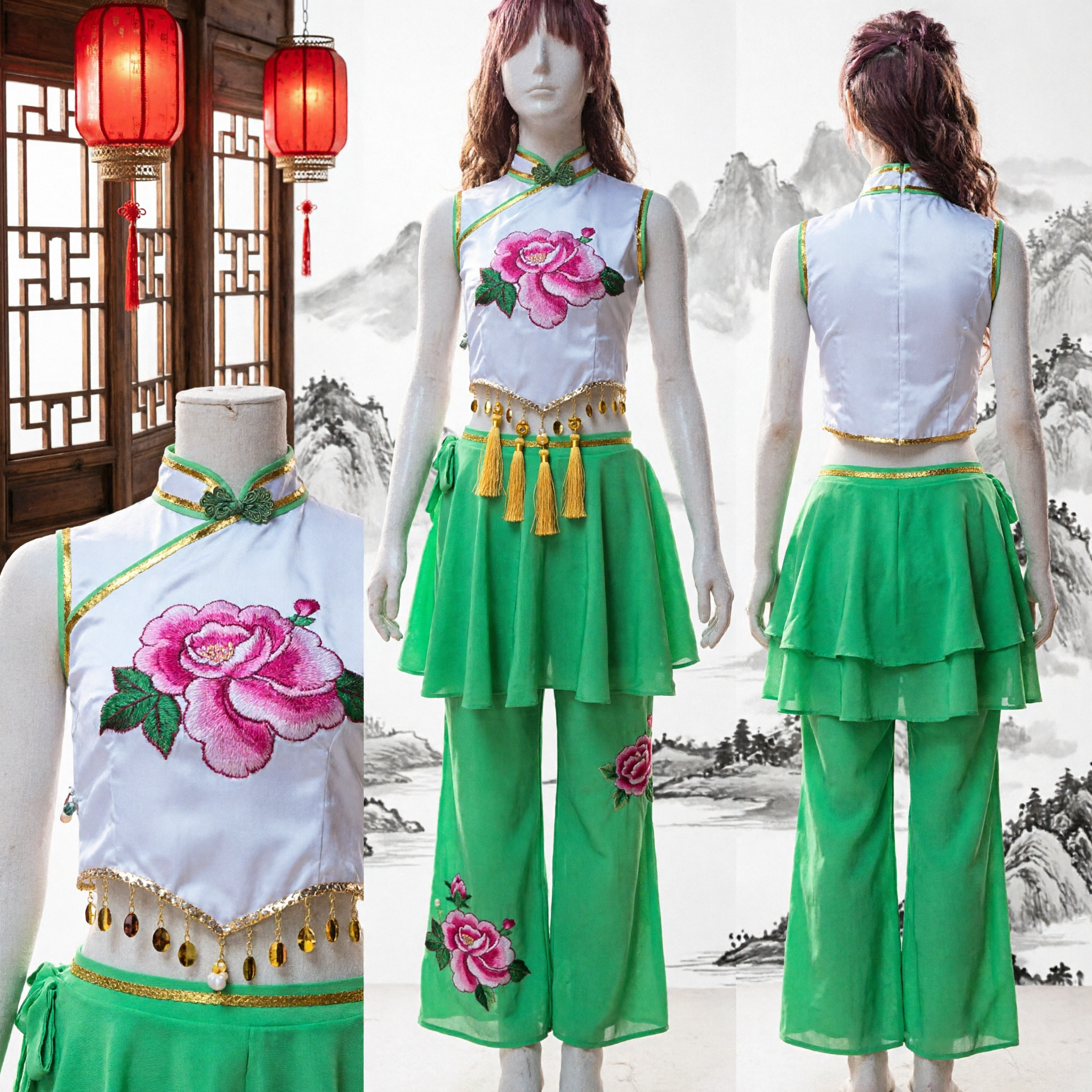 Women's Traditional Chinese Yangge Dance Costume Folk Performance Outfit Green Skirt Pants Set with Rose Embroidery