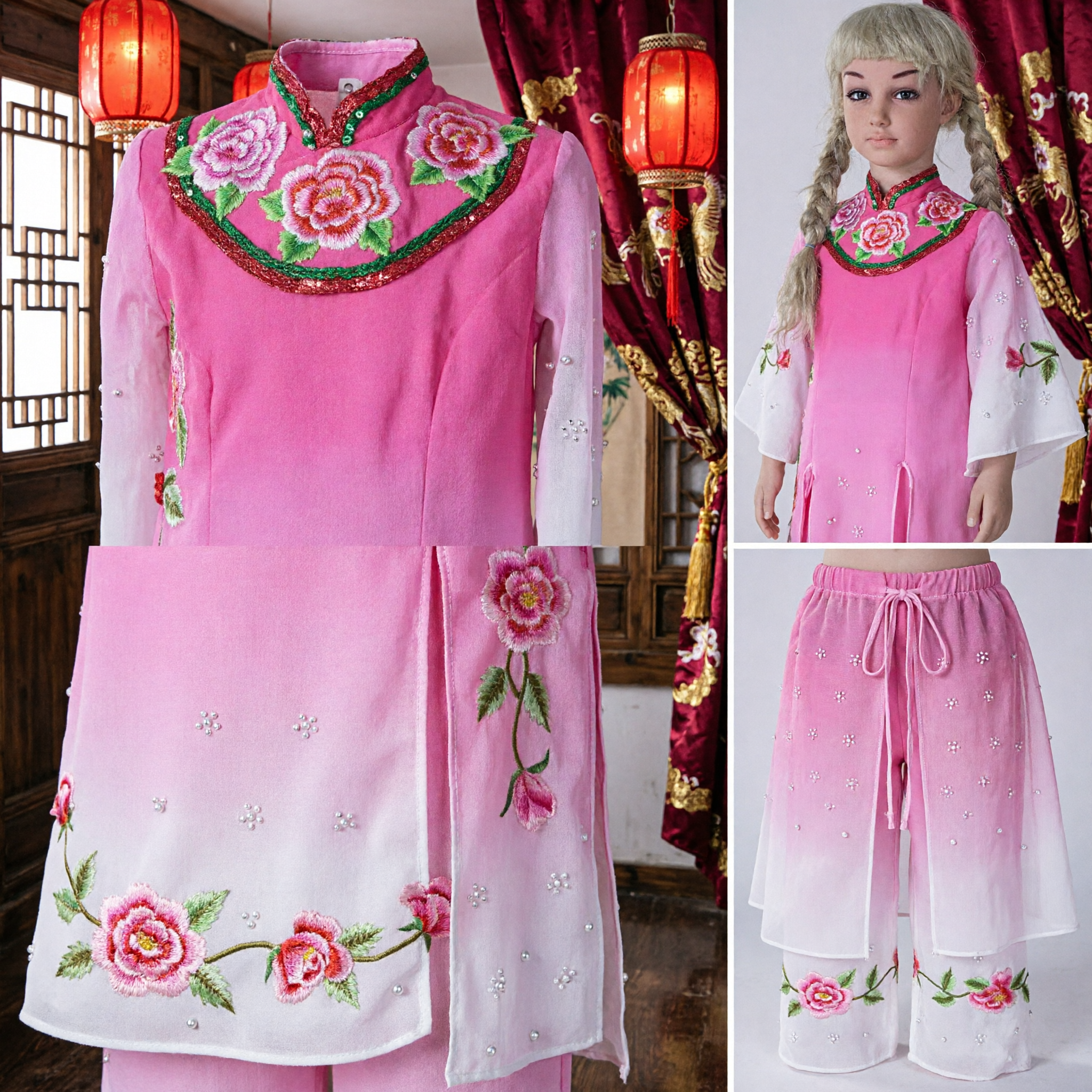 Girls Pink Vietnamese Ao Dai Traditional Dress Floral Embroidery Tet Festival Performance Costume Set