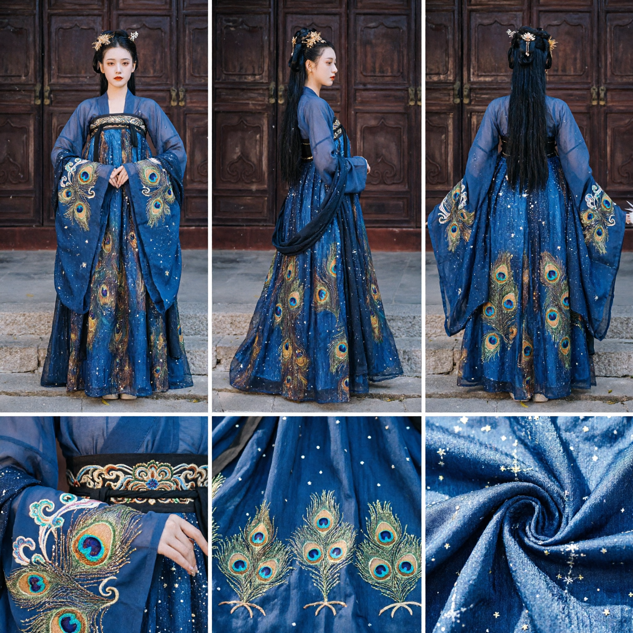Traditional Chinese Tang Dynasty Hanfu Costume Blue Peacock Print Ancient Palace Dress for Women Photography