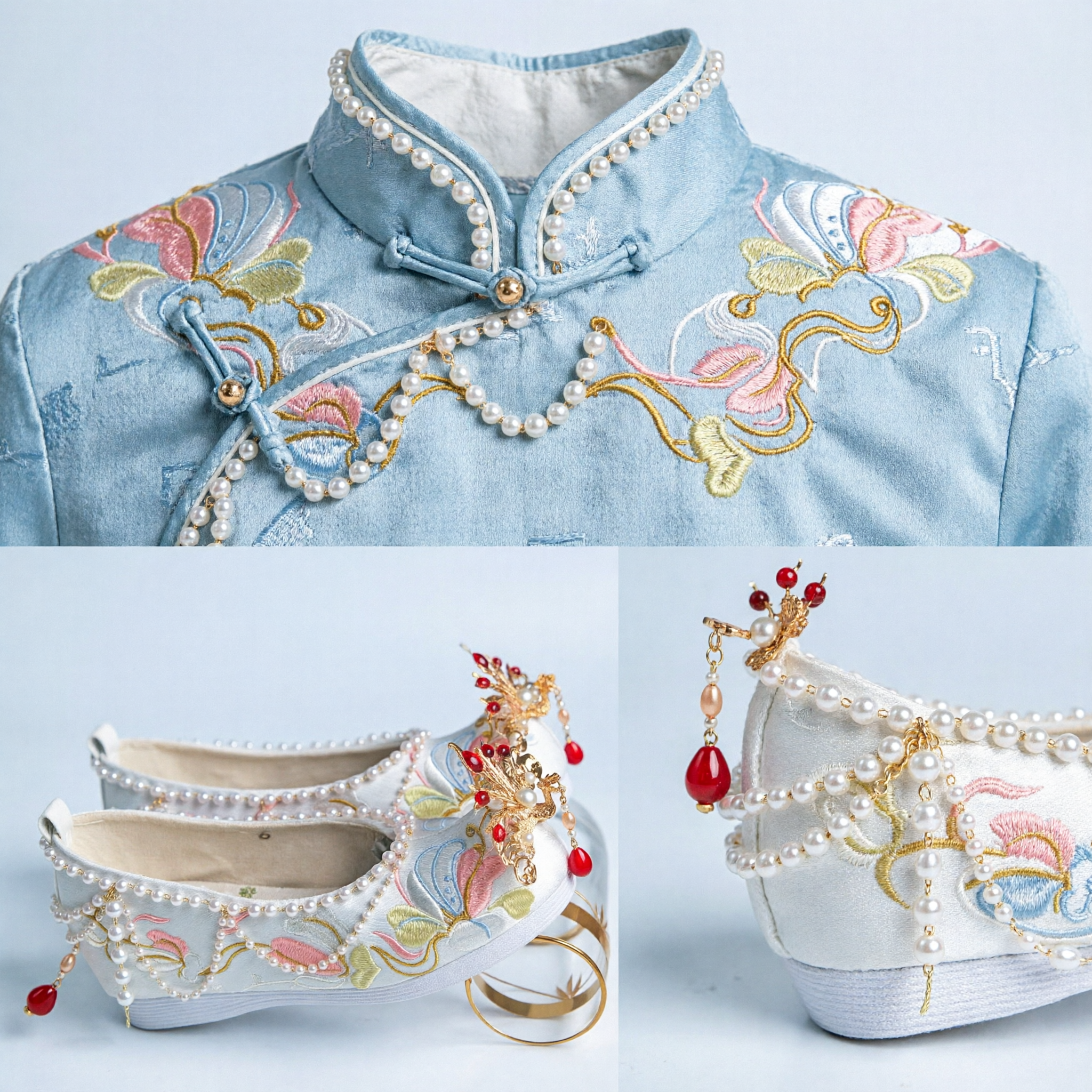 Traditional Chinese Hanfu Shoes White Embroidered Floral Pearl Wedding Shoes Ancient Princess Cloth Shoes for Women