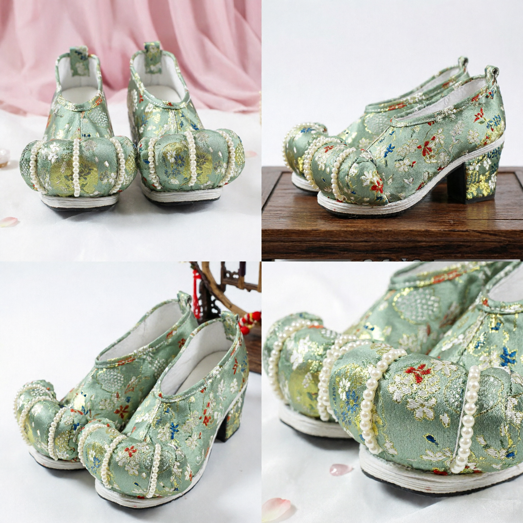 Traditional Chinese Green Embroidered Hanfu Shoes with Pearl Beads Ancient Style Cloud Footwear for Women