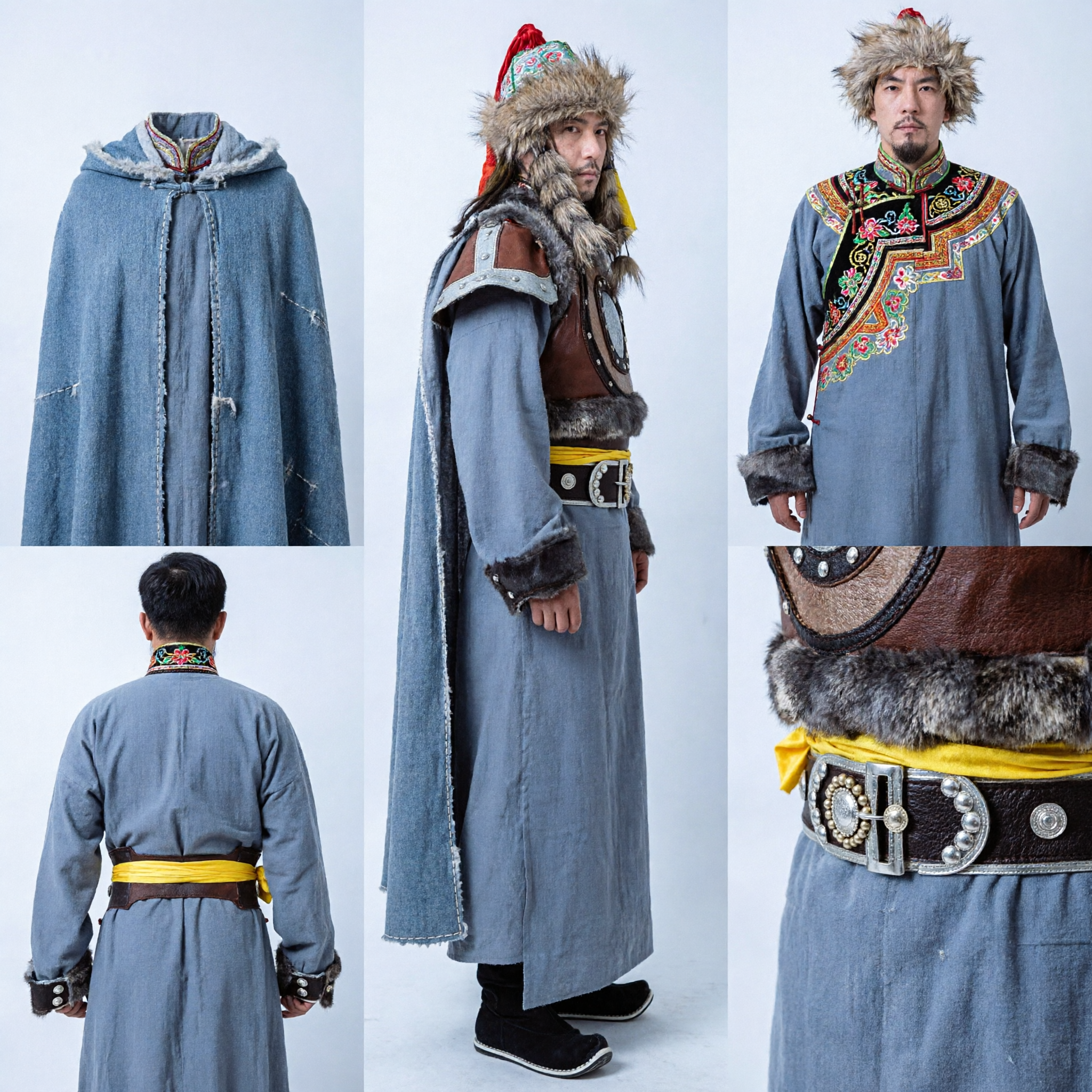 Traditional Chinese Mongolian Nomad Warrior Costume Men's Blue Robe Leather Armor Fur Hat Cape Set