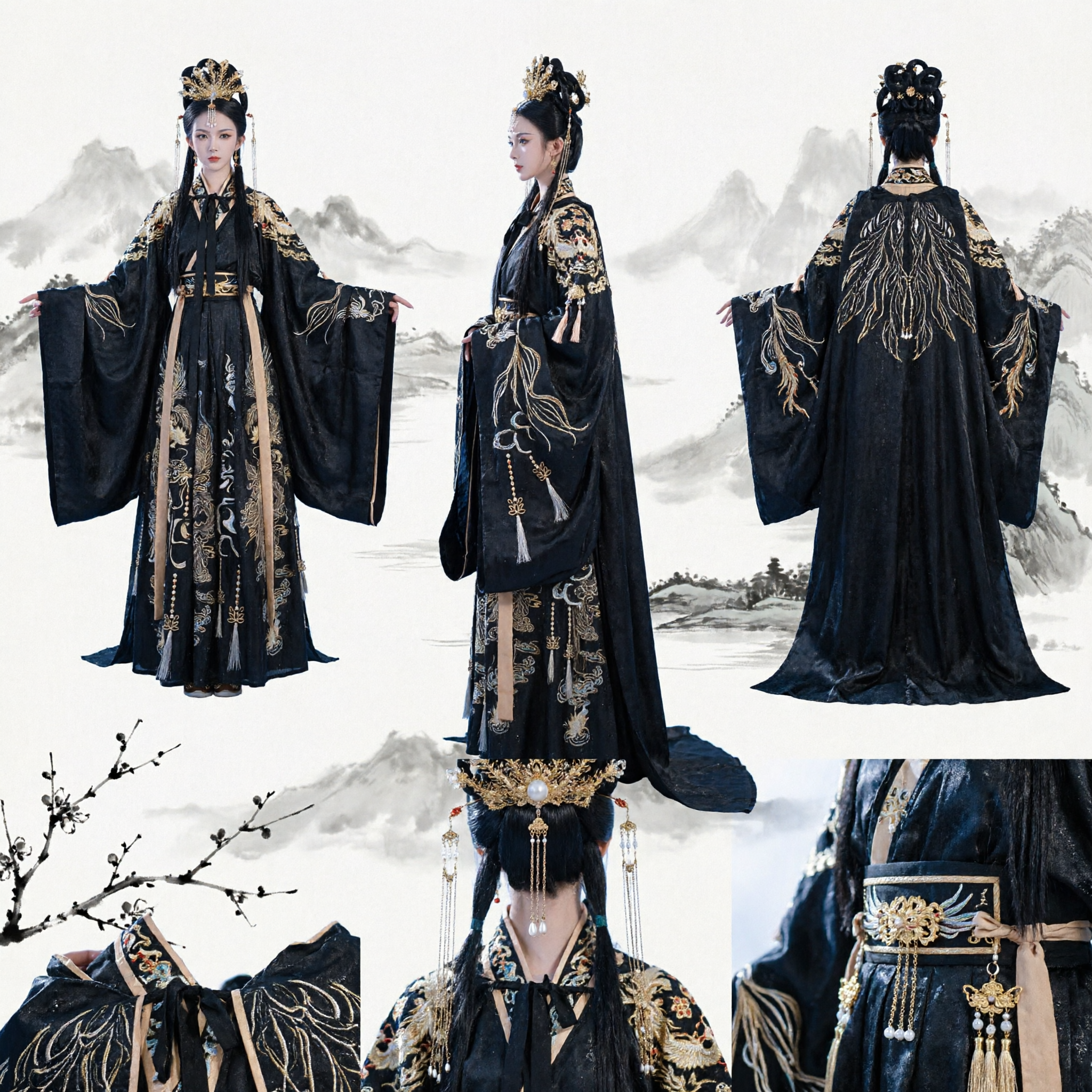 Elegant Black Traditional Chinese Hanfu Costume for Women Ancient Wuxia Fantasy Empress Dress with Gold Embroidery Cloak