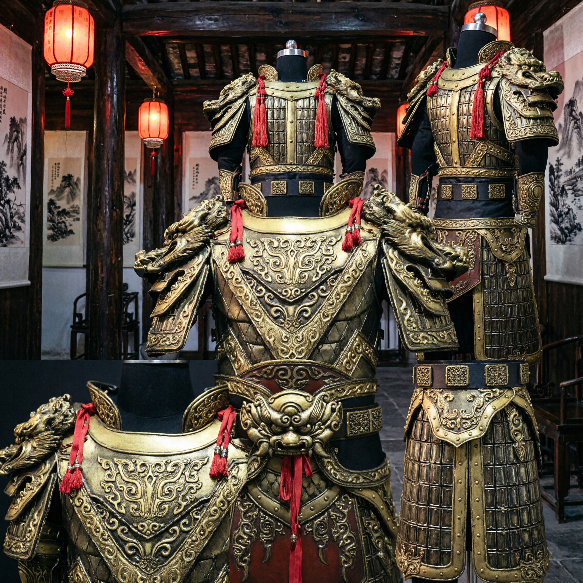 Ancient Chinese General Golden Dragon Armor Full Set Cosplay Costume for Men Historical Stage Performance Suit