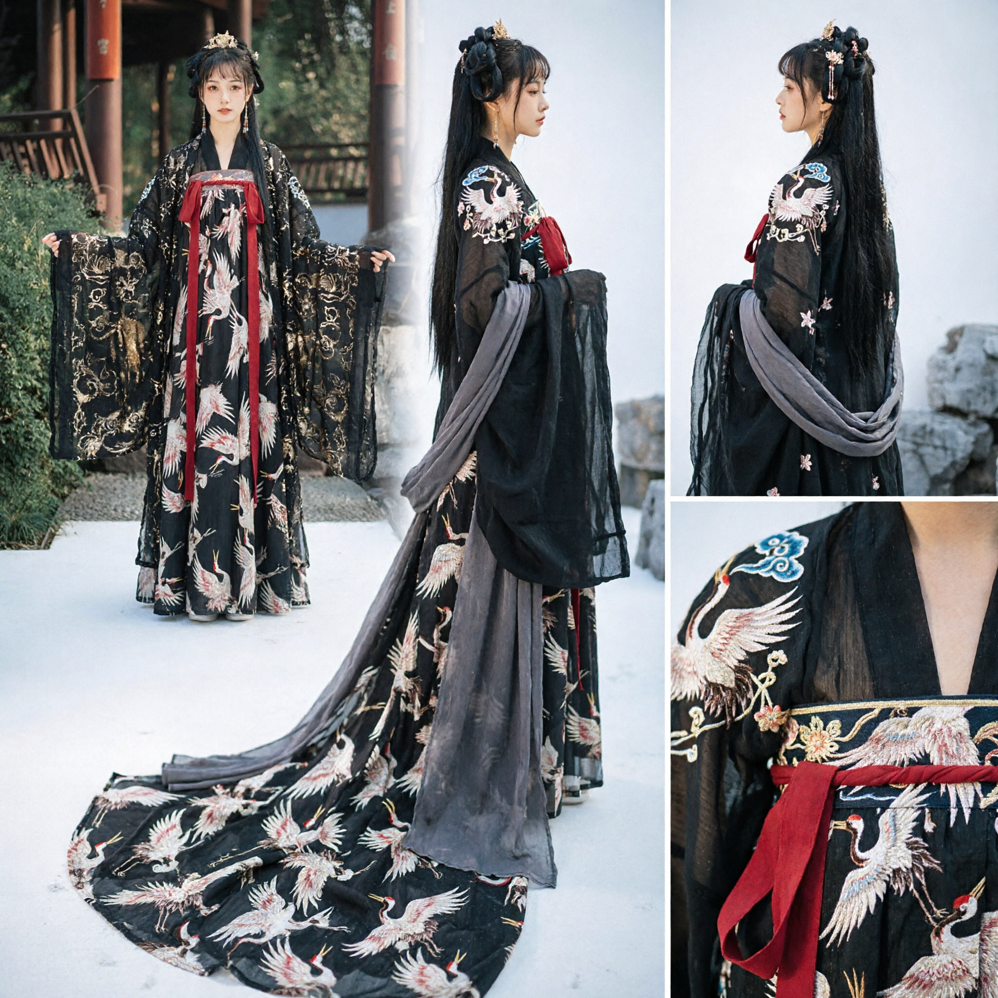 Elegant Black Chinese Traditional Hanfu Tang Dynasty Costume Ancient Crane Print Dress for Women Historical Cosplay