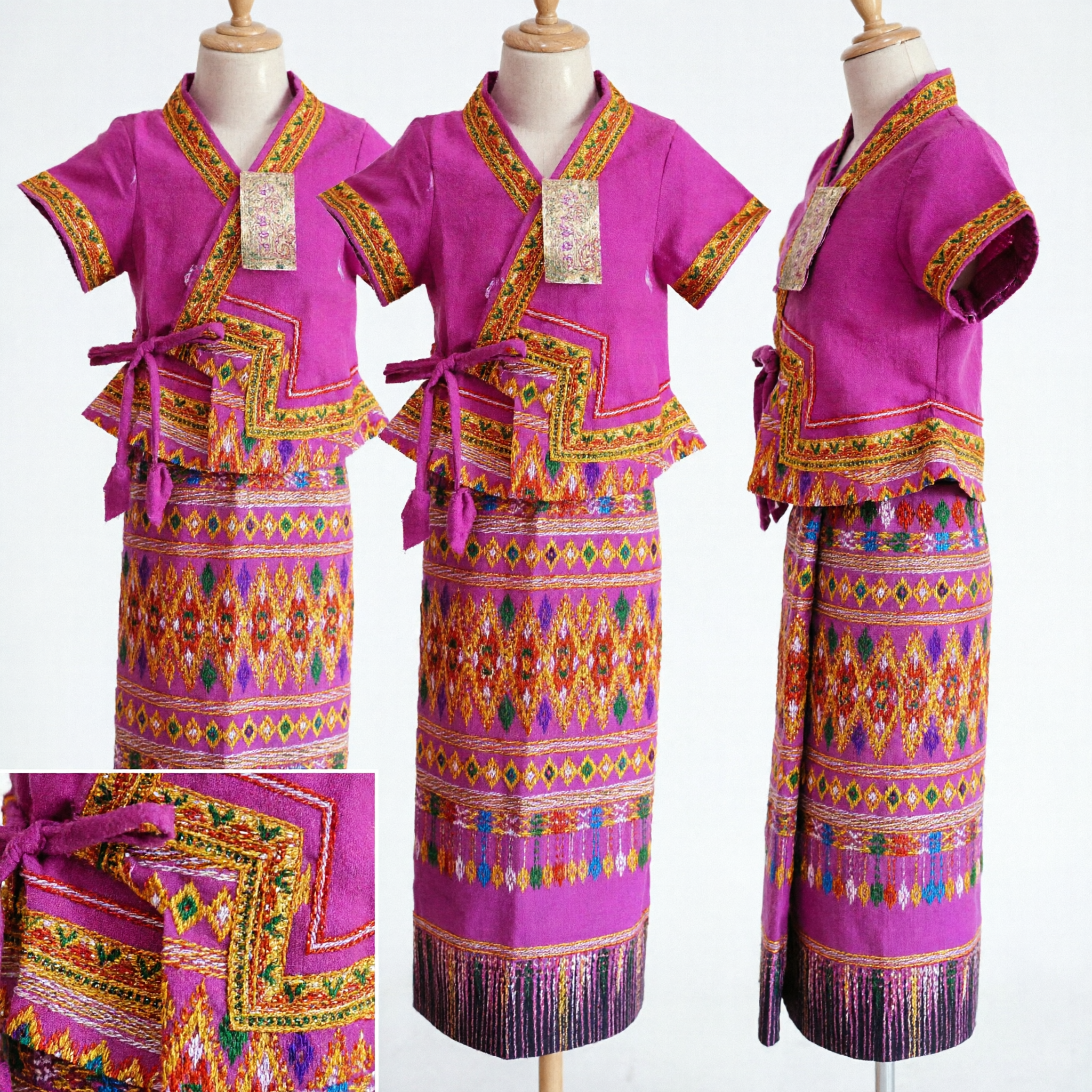 Traditional Thai Dai Ethnic Minority Pink Silk Costume Set with Embroidered Wrap Top and Patterned Sarong for Women