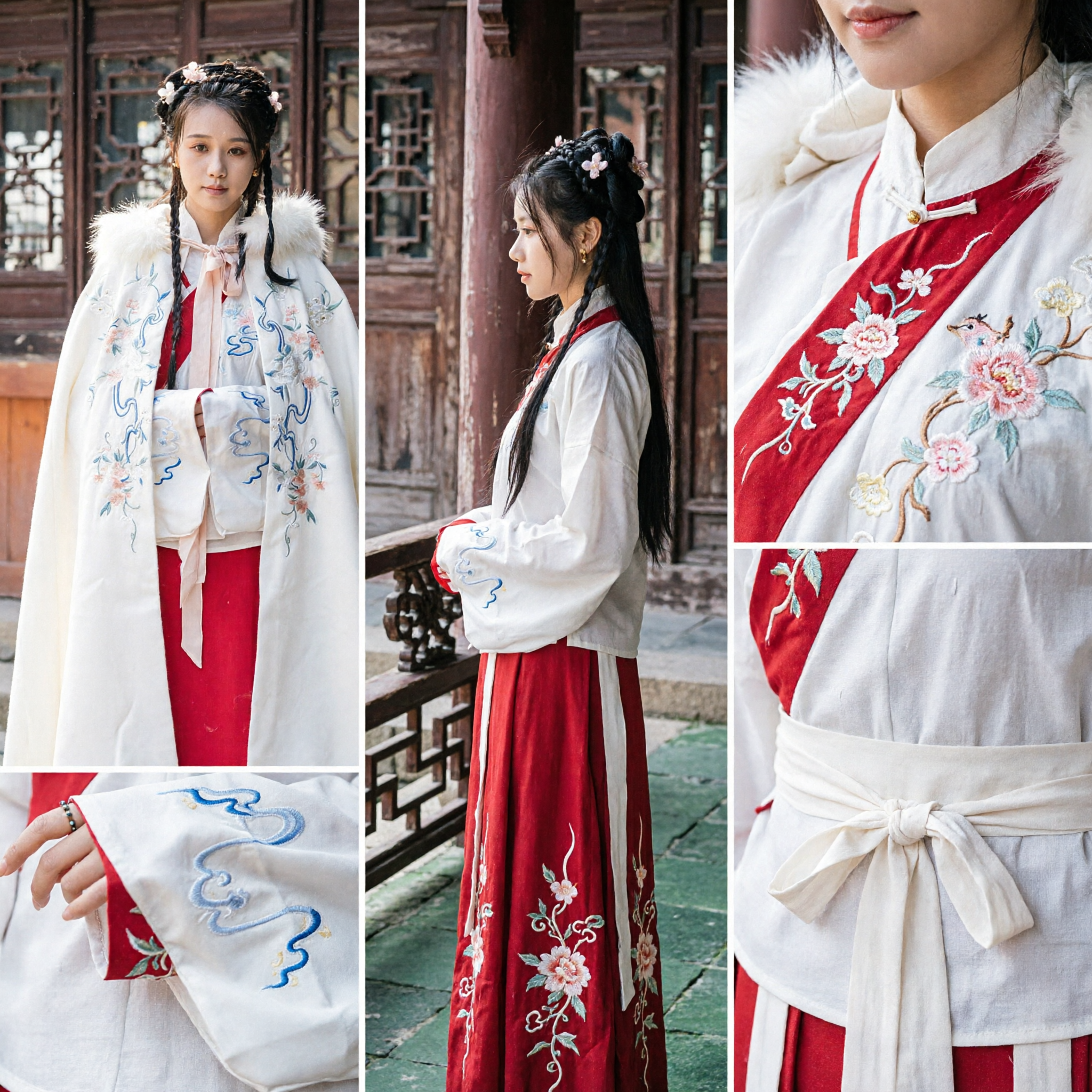 Traditional Chinese Hanfu White Fur Collar Cloak Embroidered Cape Ancient Style Costume for Women