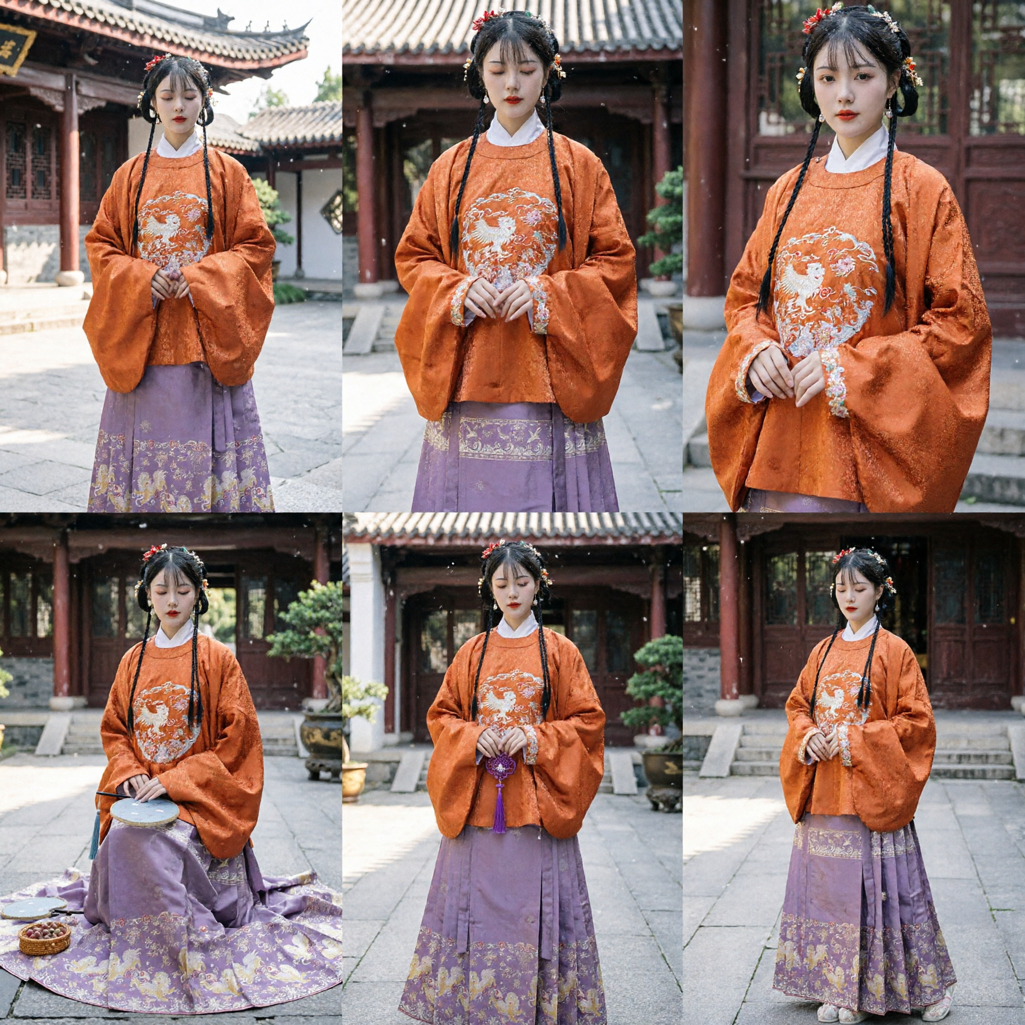 Traditional Chinese Hanfu Ming Dynasty Costume Women Orange Embroidered Top Purple Lion Pattern Skirt Set