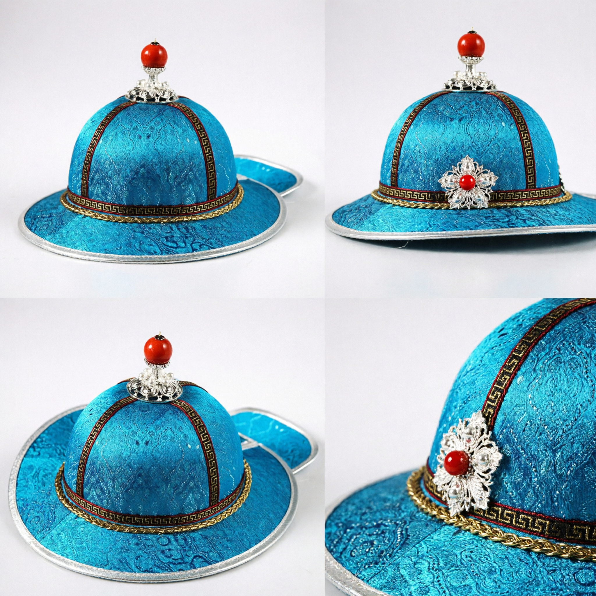 Traditional Chinese Qing Dynasty Official Blue Silk Hat with Red Bead for Men Historical Costume Cosplay