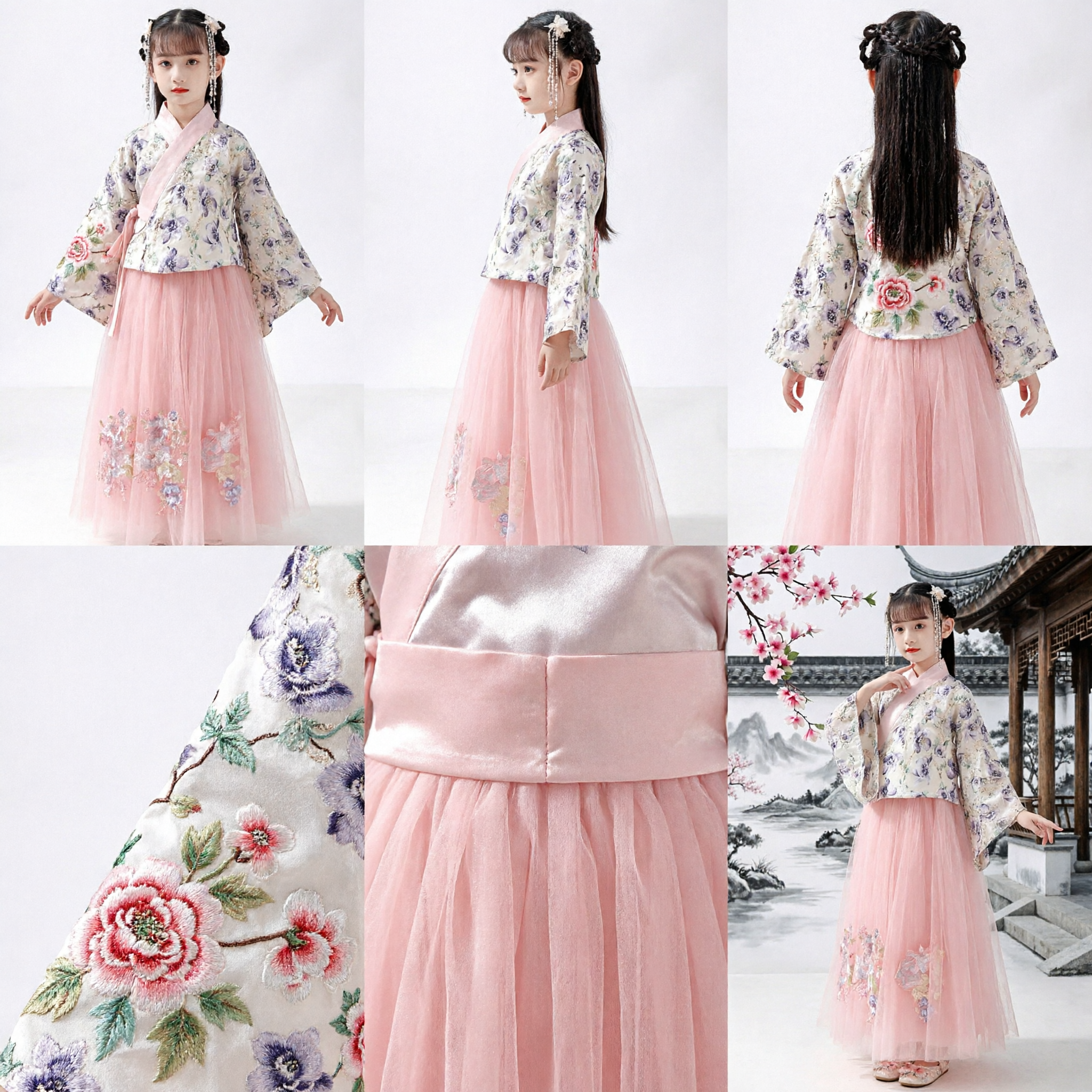 Traditional Chinese Hanfu for Girls Kids Ancient Costume Floral Jacket Pink Tulle Skirt Performance Dress