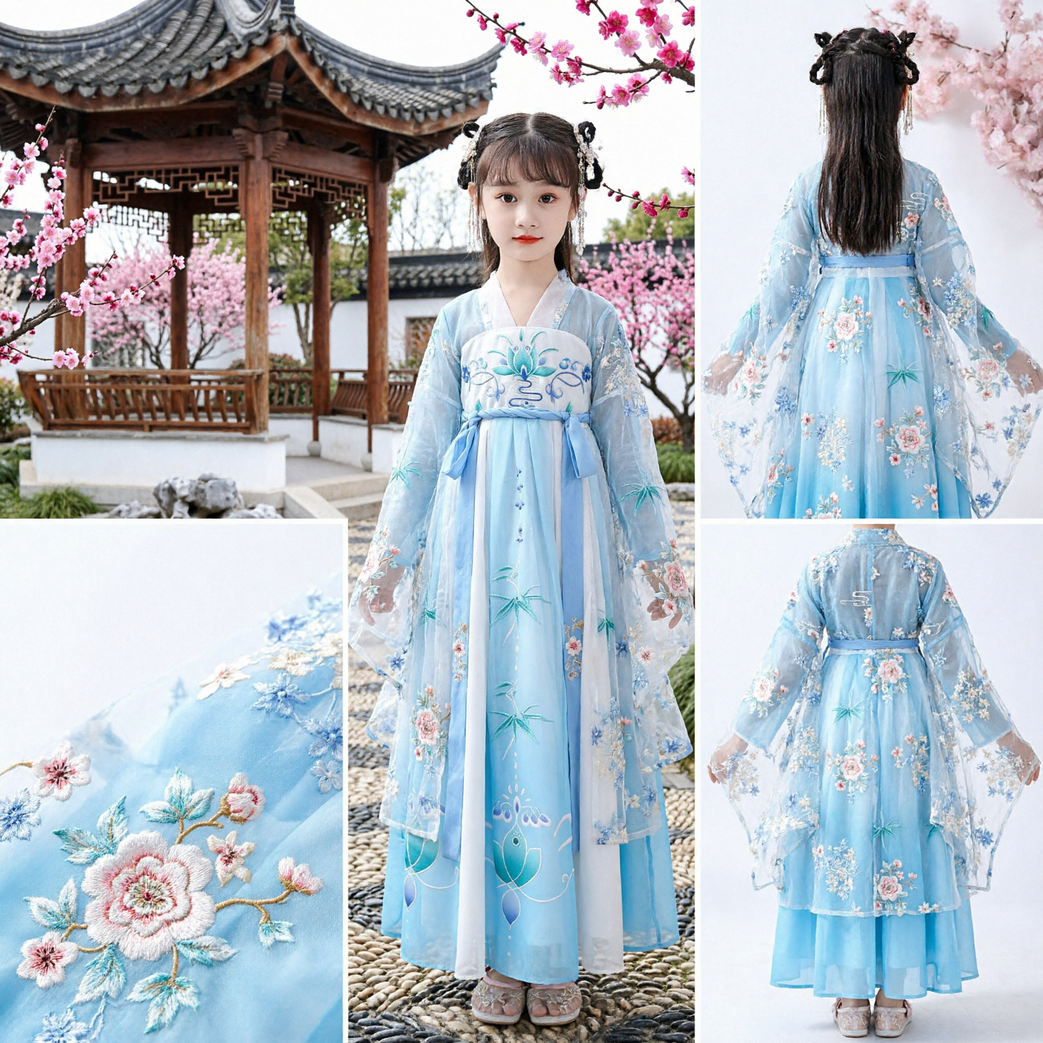 Kids Girls Traditional Chinese Hanfu Costume Ancient Fairy Princess Dress Blue Lotus Outfit for Stage Performance