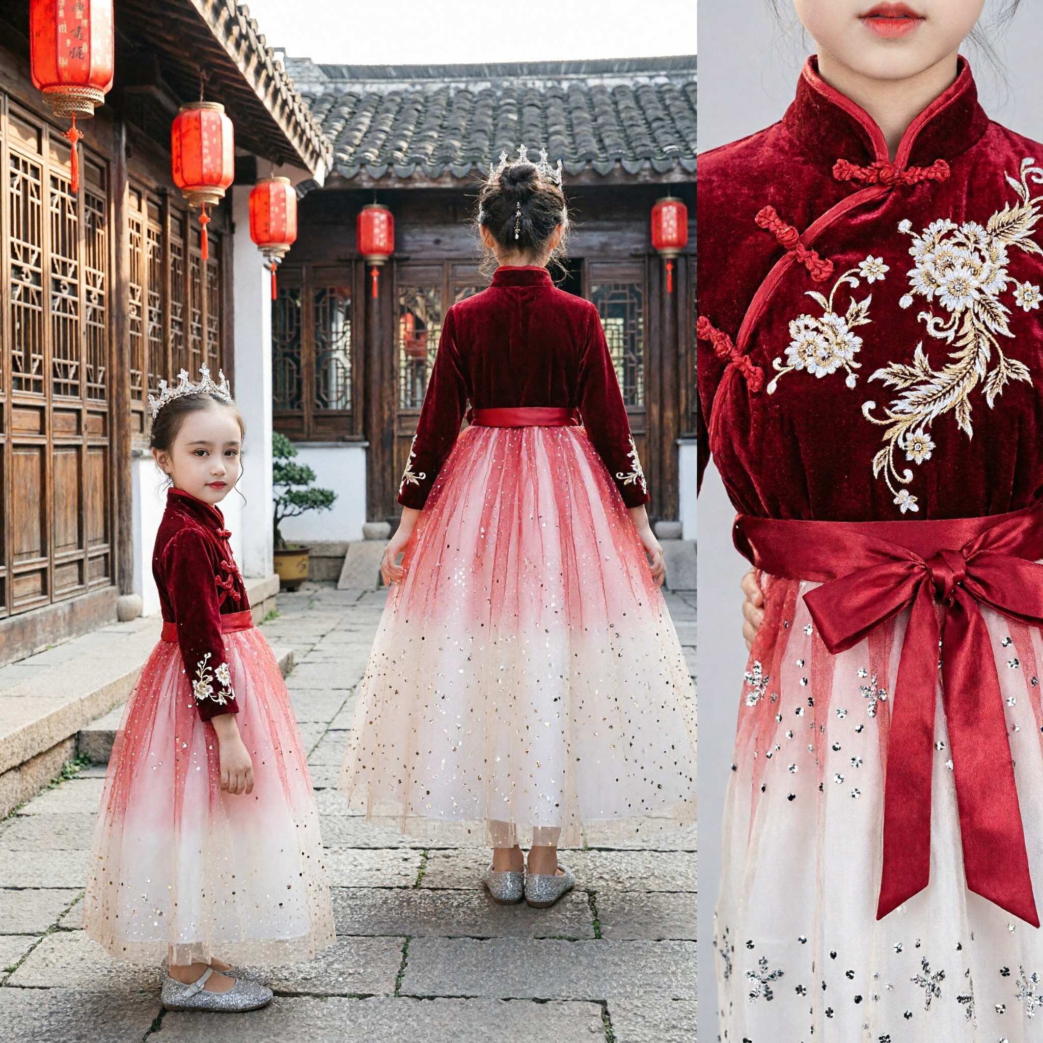 Girls Red Velvet Chinese Style Princess Dress Long Sleeve Qipao Top Tulle Gown for Wedding Party