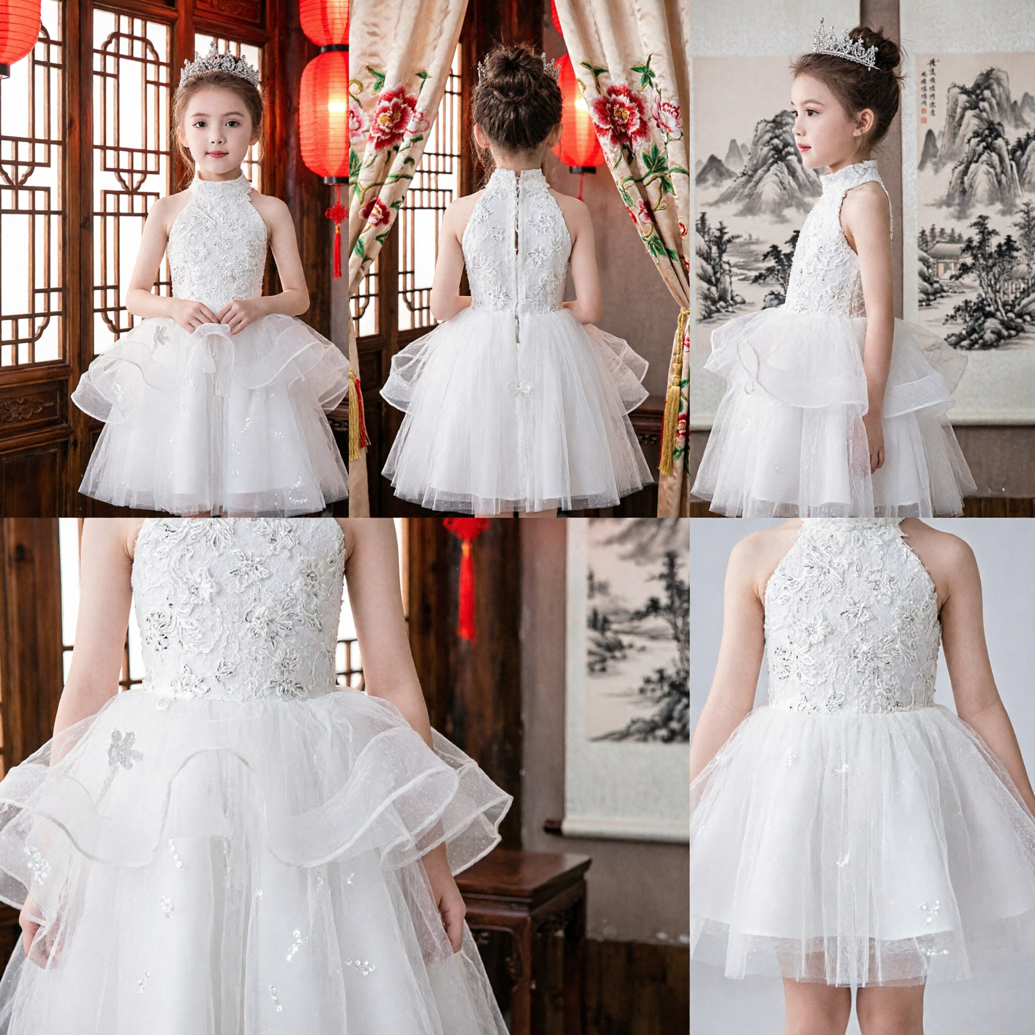 Elegant White High-Neck Lace Flower Girl Dress Kids Princess Tulle Party Gown Wedding Costume