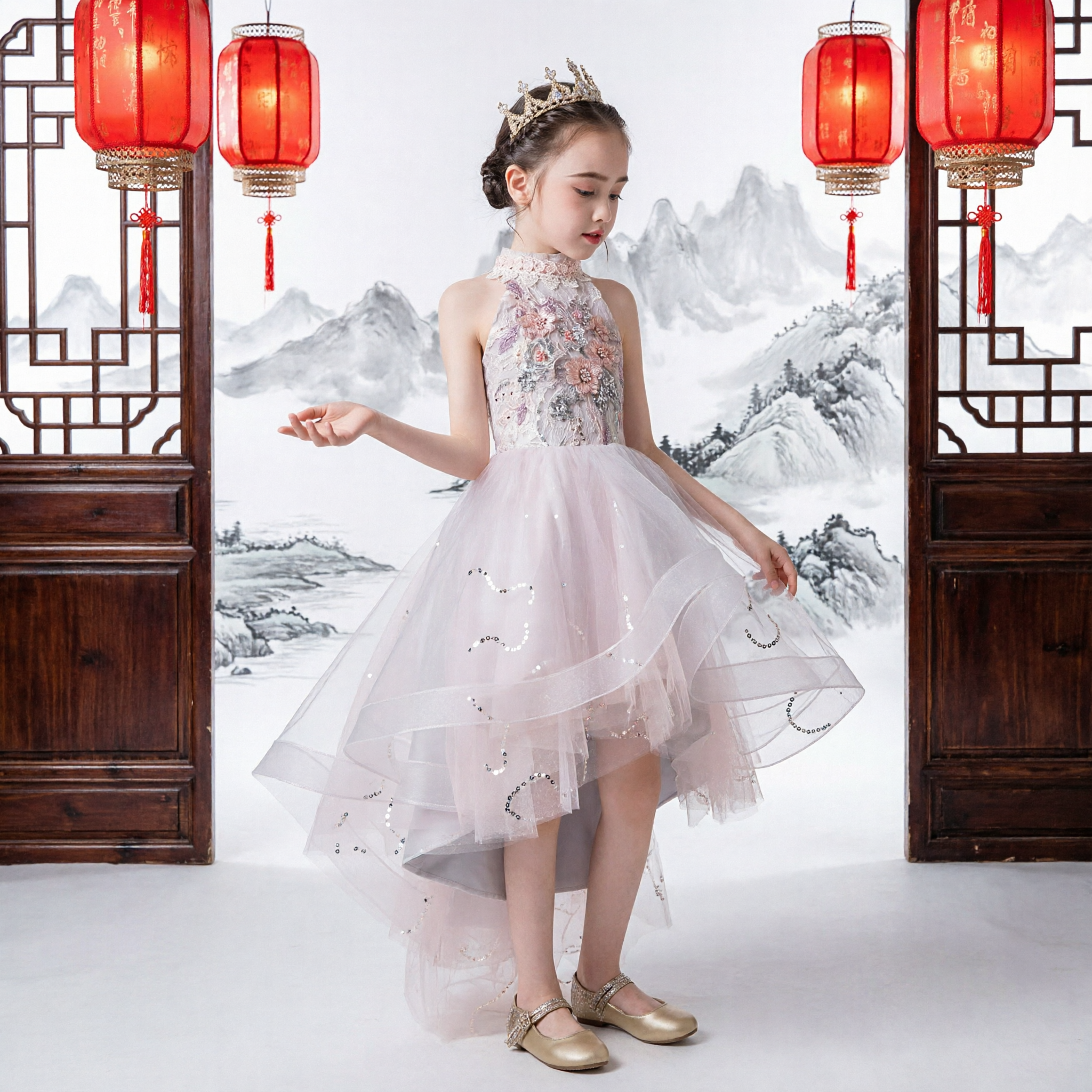 Elegant Girls Flower Girl Dress High Low Tulle Skirt Floral Embroidery First Communion Pageant Gown